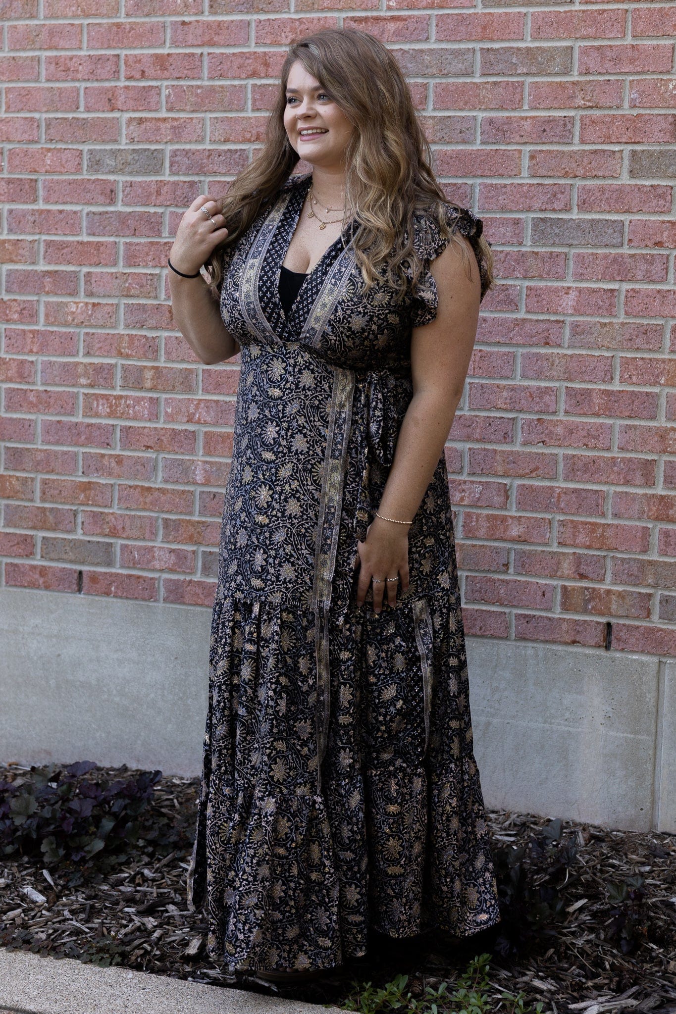 Black & Gold Metallic Ruffle Wrap Dress