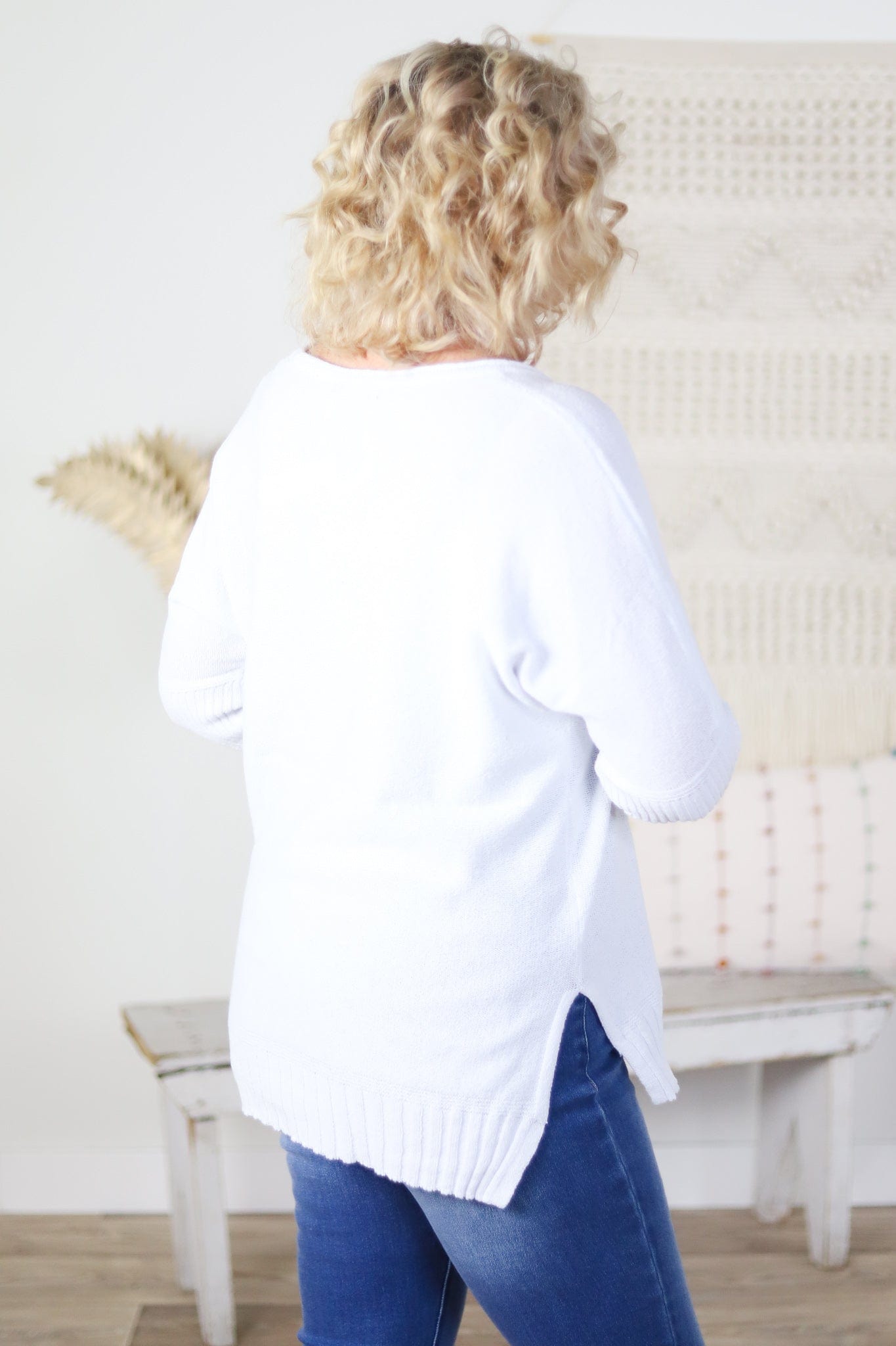 White Ribbed Dolman Sweater
