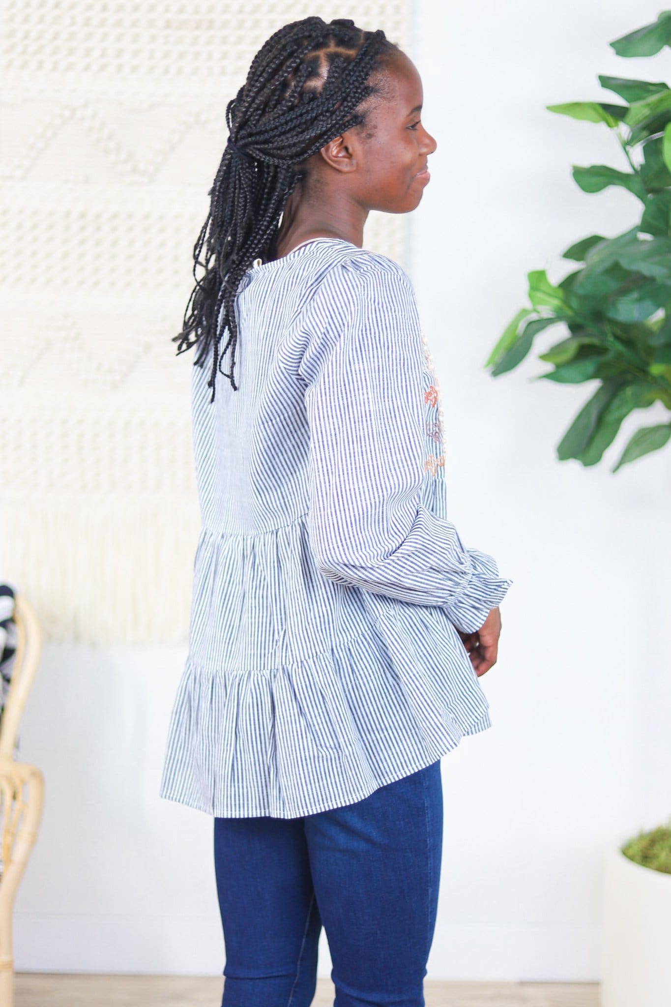 Fall Embroidered Charcoal Babydoll Top