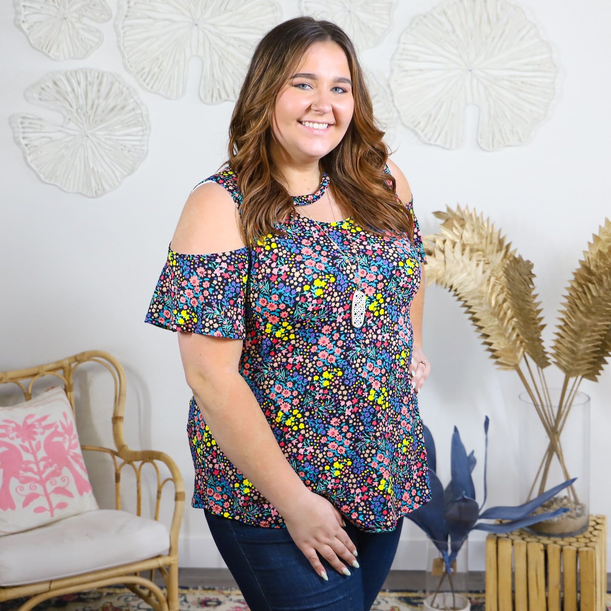 Black Floral Print Cold Shoulder Top