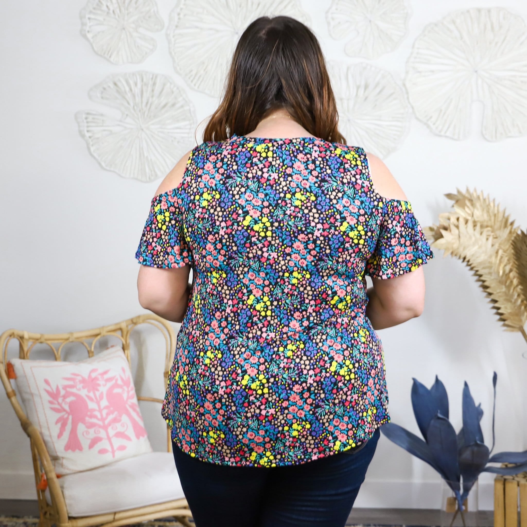 Black Floral Print Cold Shoulder Top
