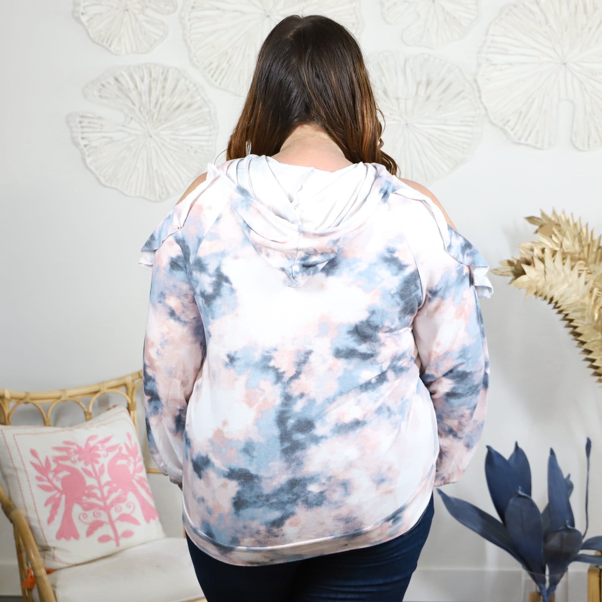 Tie Dye Cold Shoulder Ruffle Hoodie