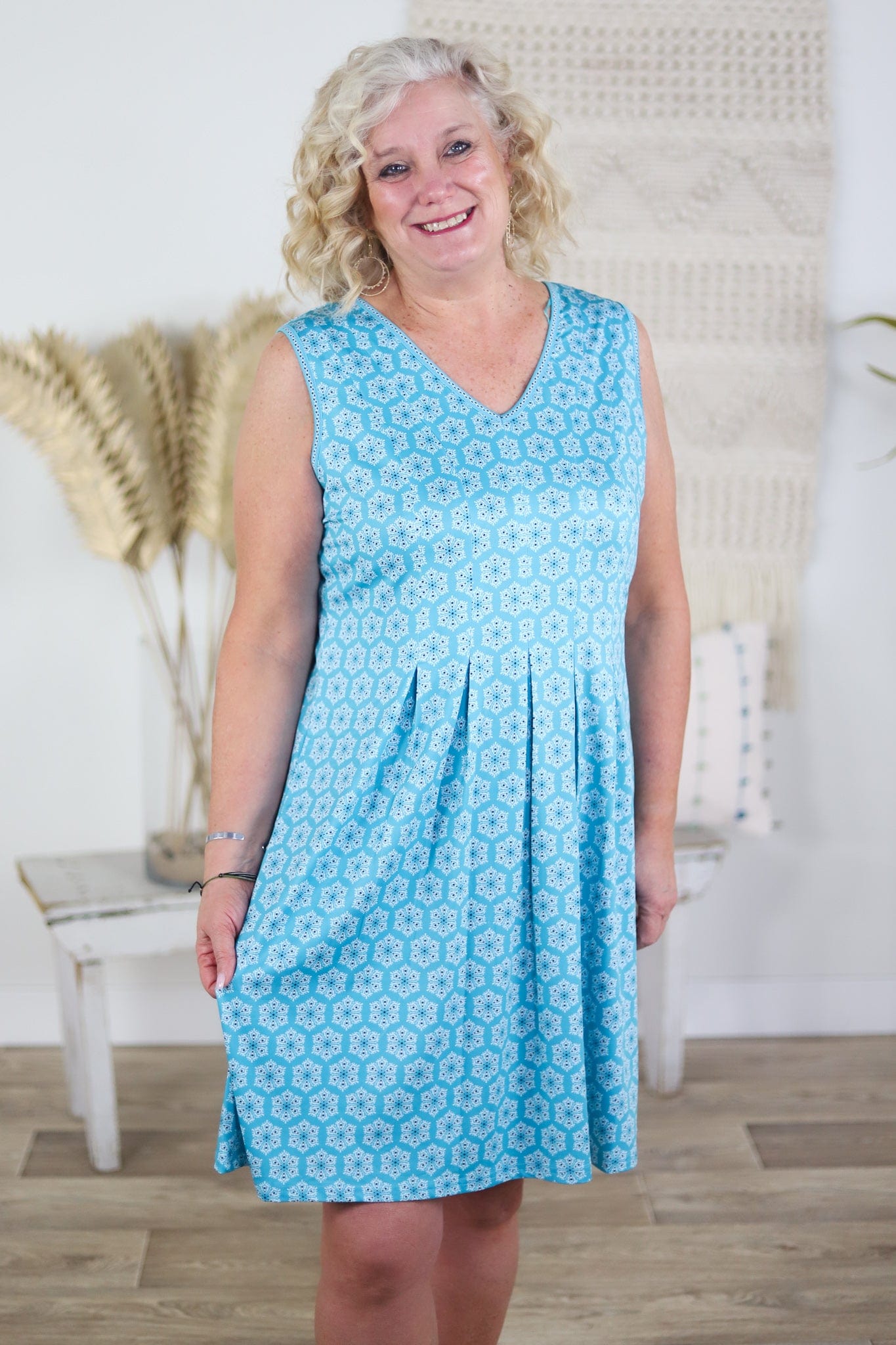 Turquoise Printed Pleated Dress