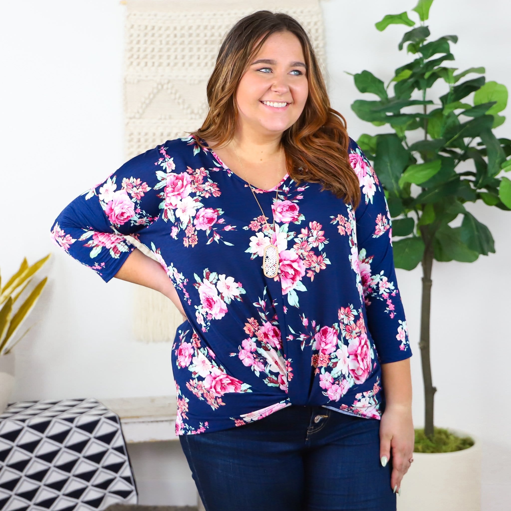 Navy Floral Knotted Top