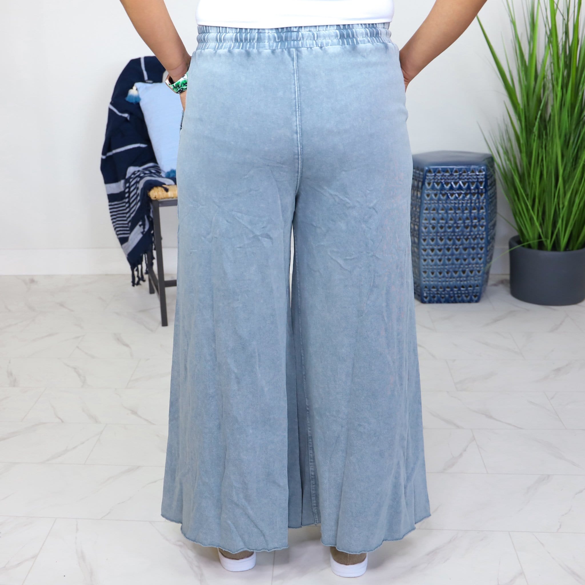 Faded Blue Washed Terry Wide Pant