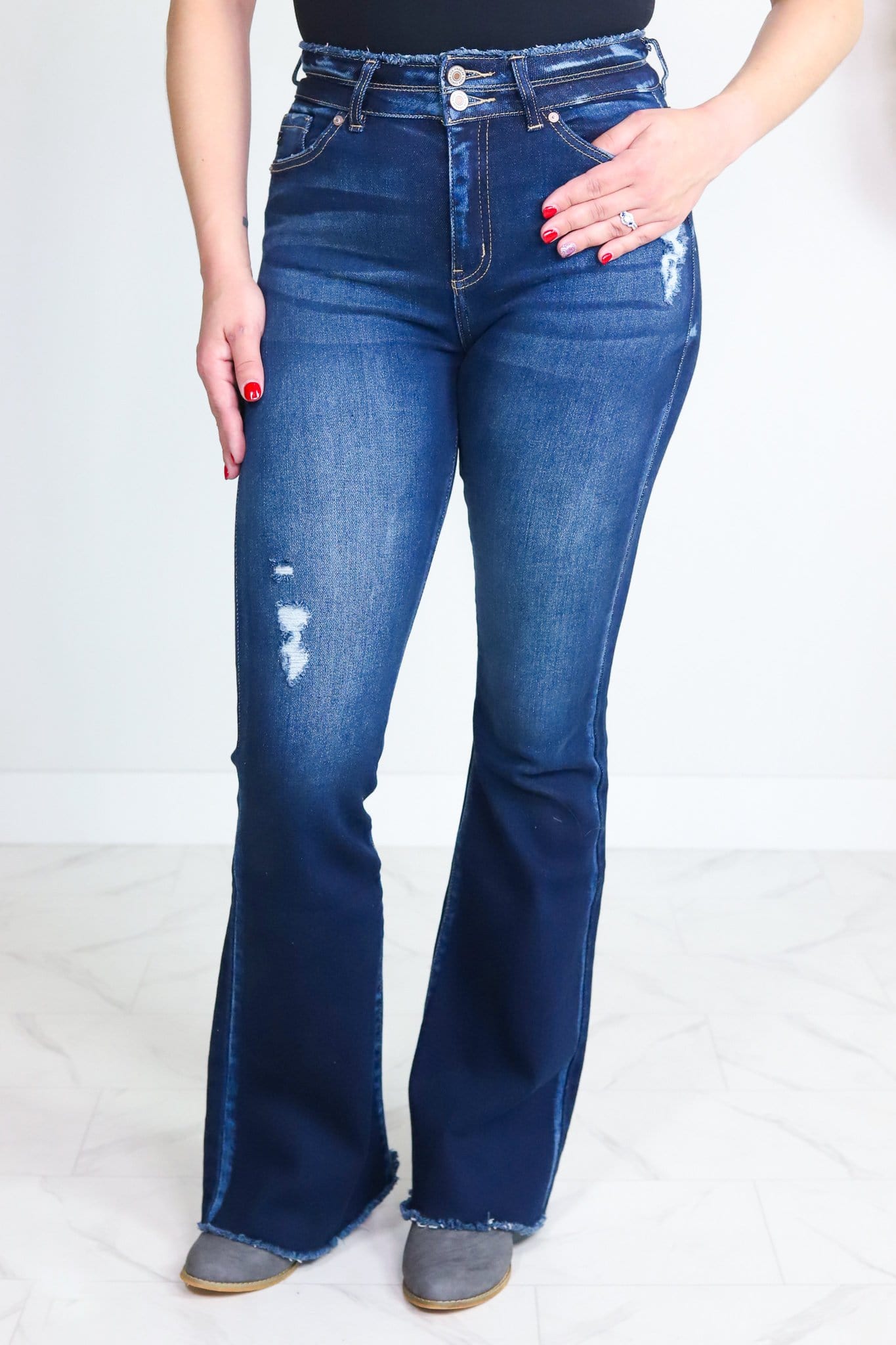 High Rise Double Detail Fray Hem Jean