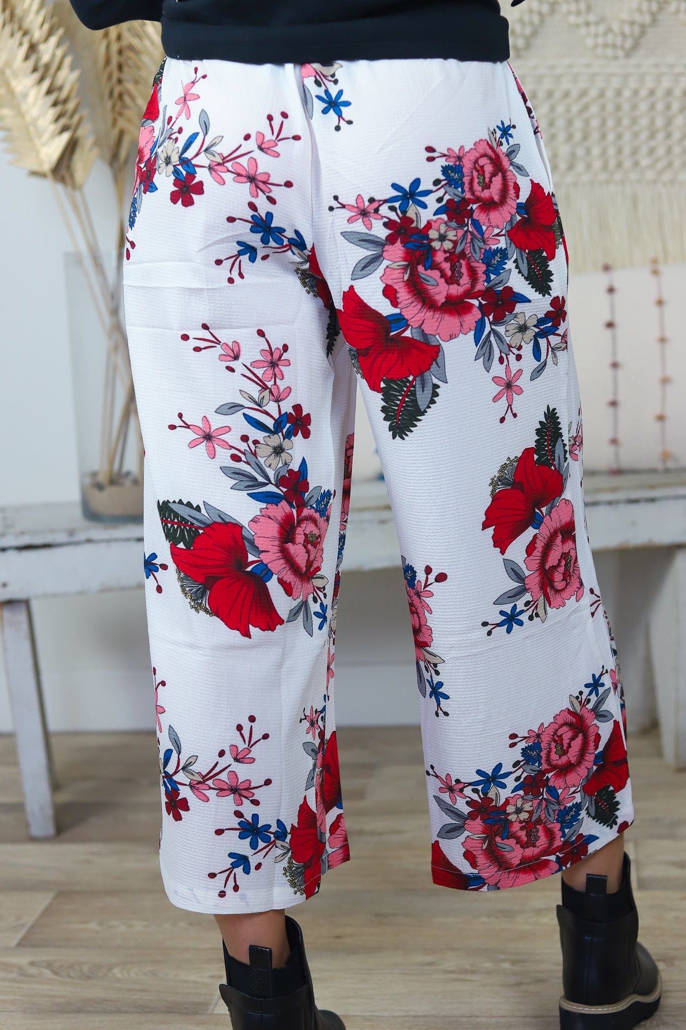White Floral Wide Leg Pant