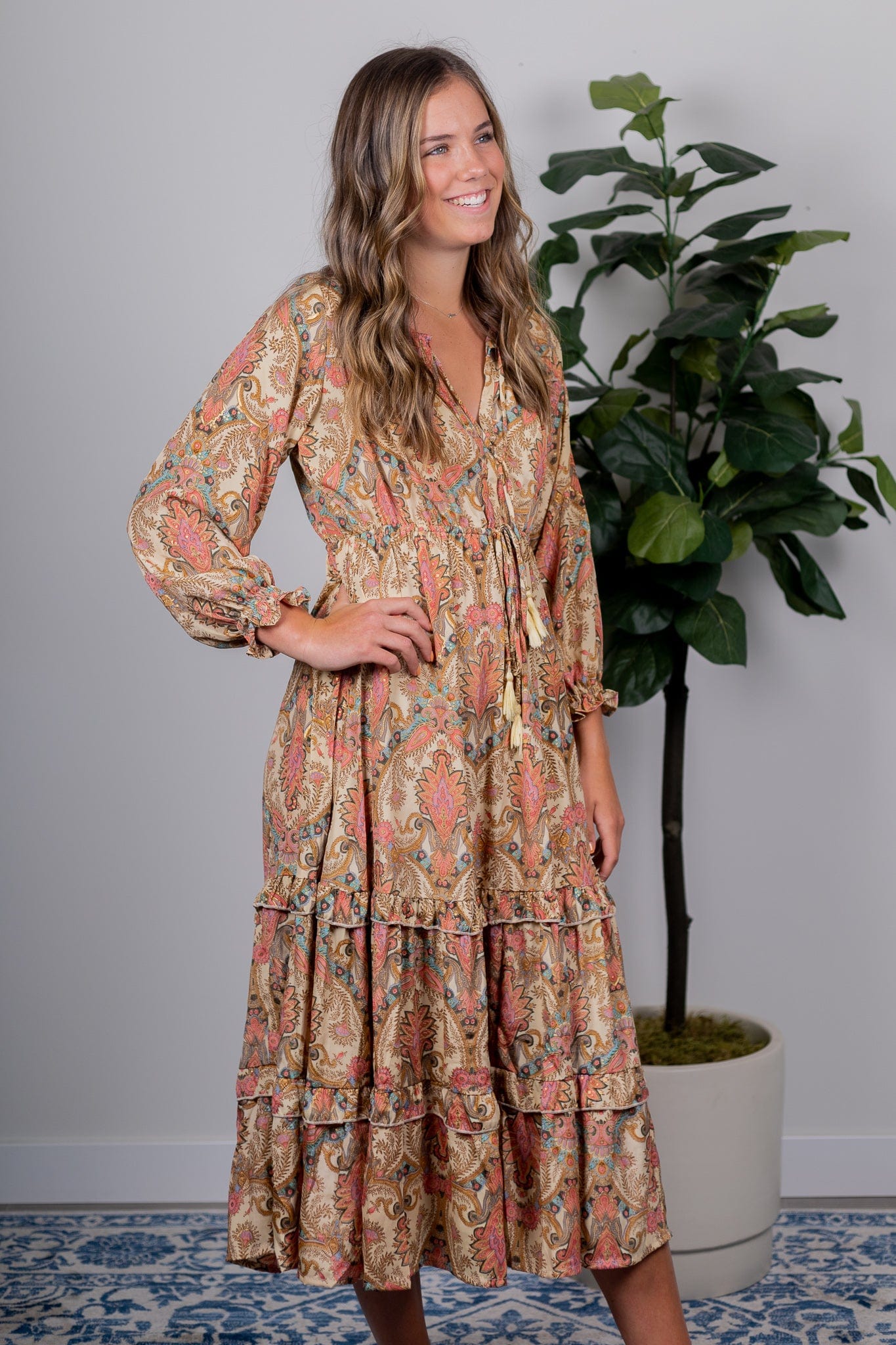 Cream Patterned Long Sleeve Maxi Dress