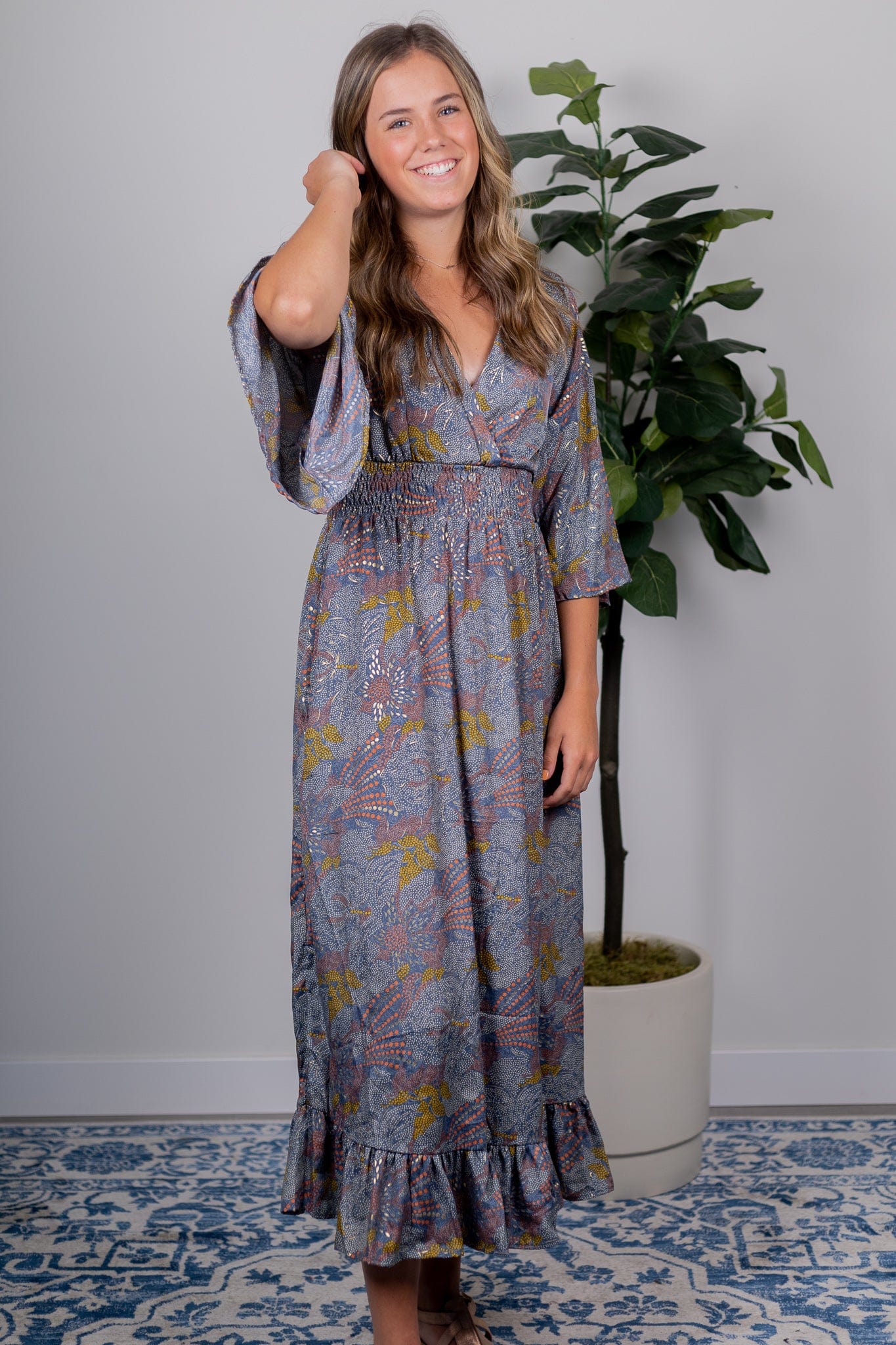 Grey Metallic Print Maxi Dress
