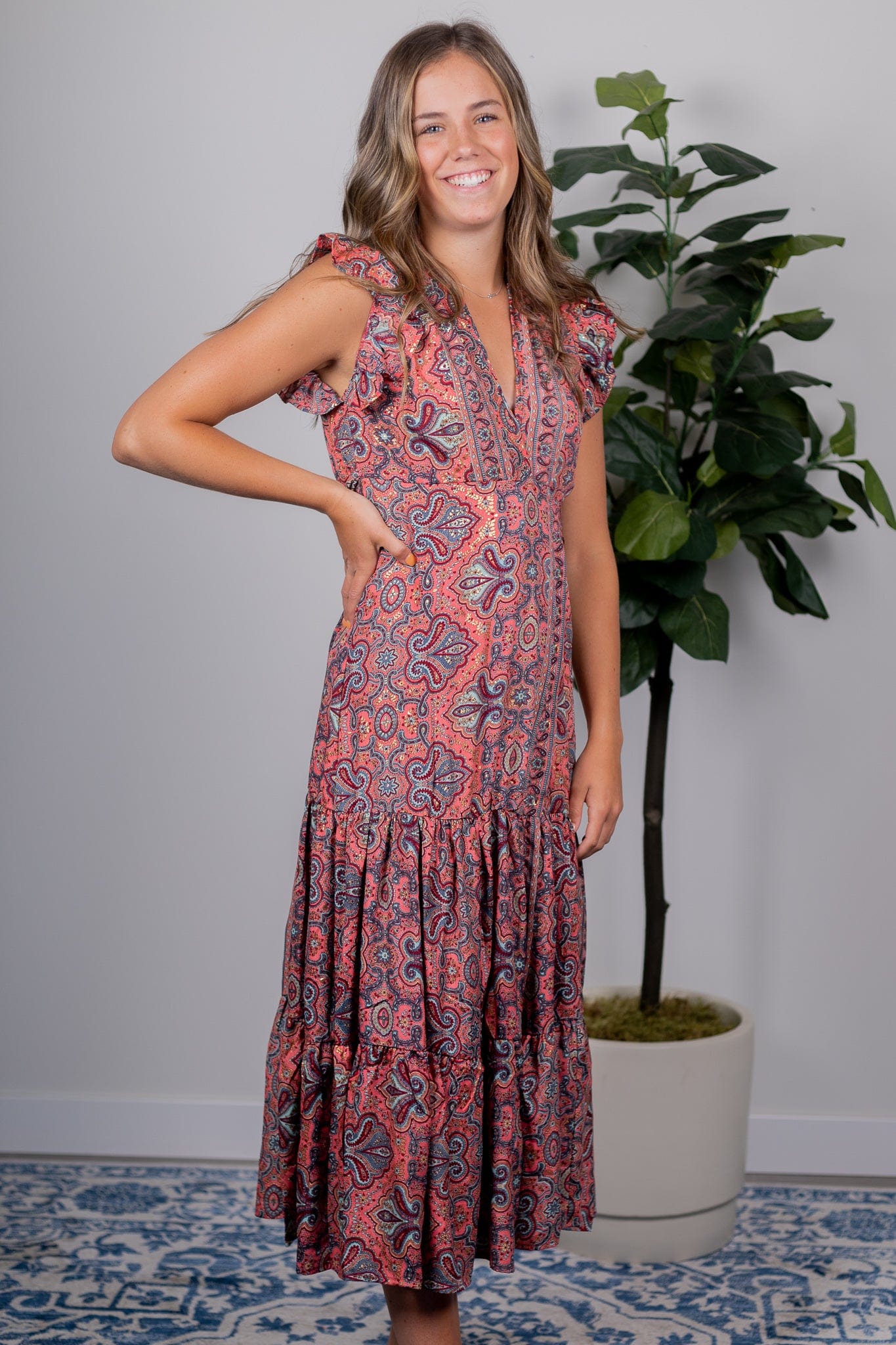 Pink Patterned Ruffle Sleeve Wrap Dress