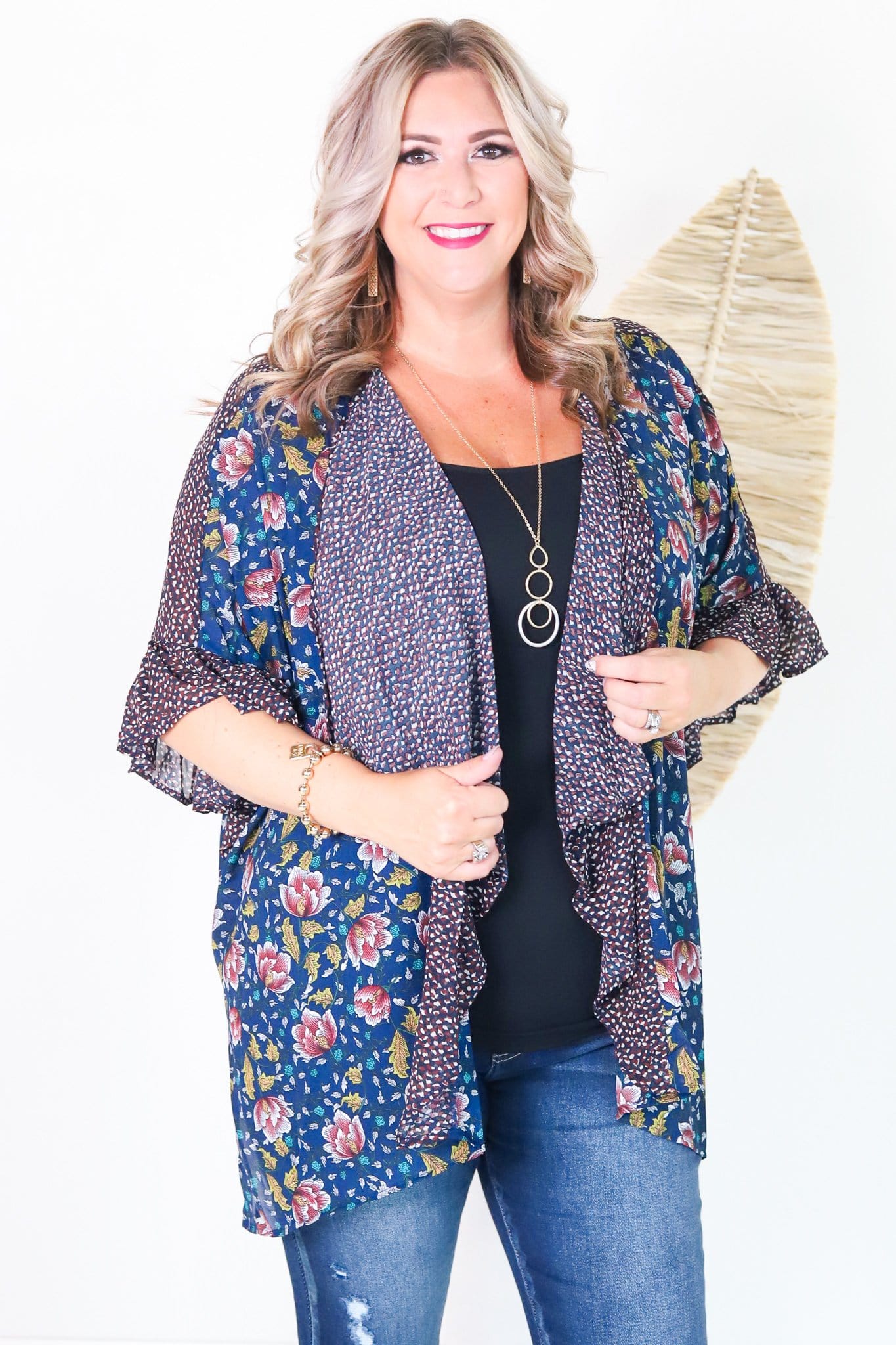 Floral and Animal Print Drape Kimono Navy Mix