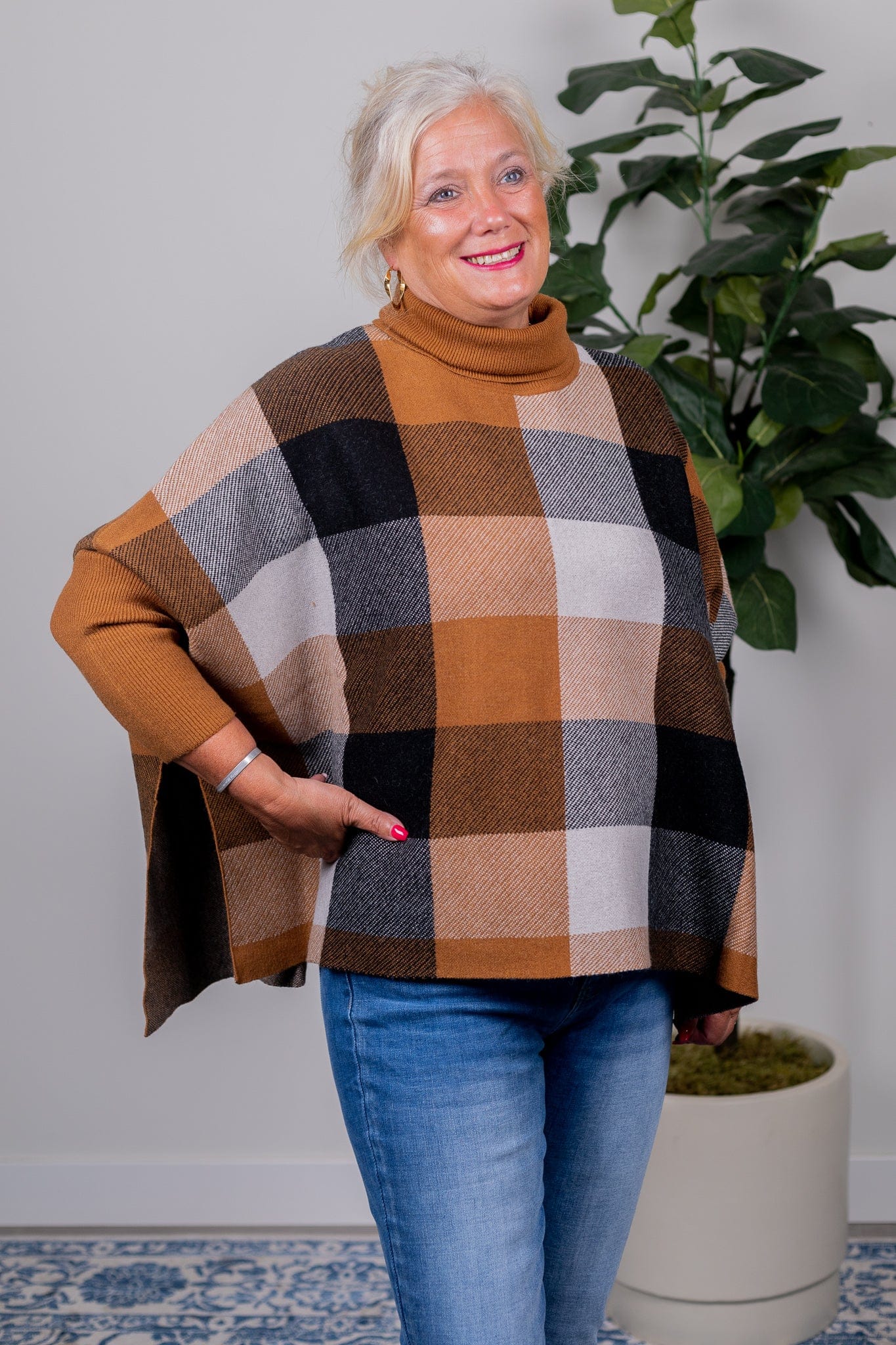 Camel Plaid Turtleneck Oversized Sweater