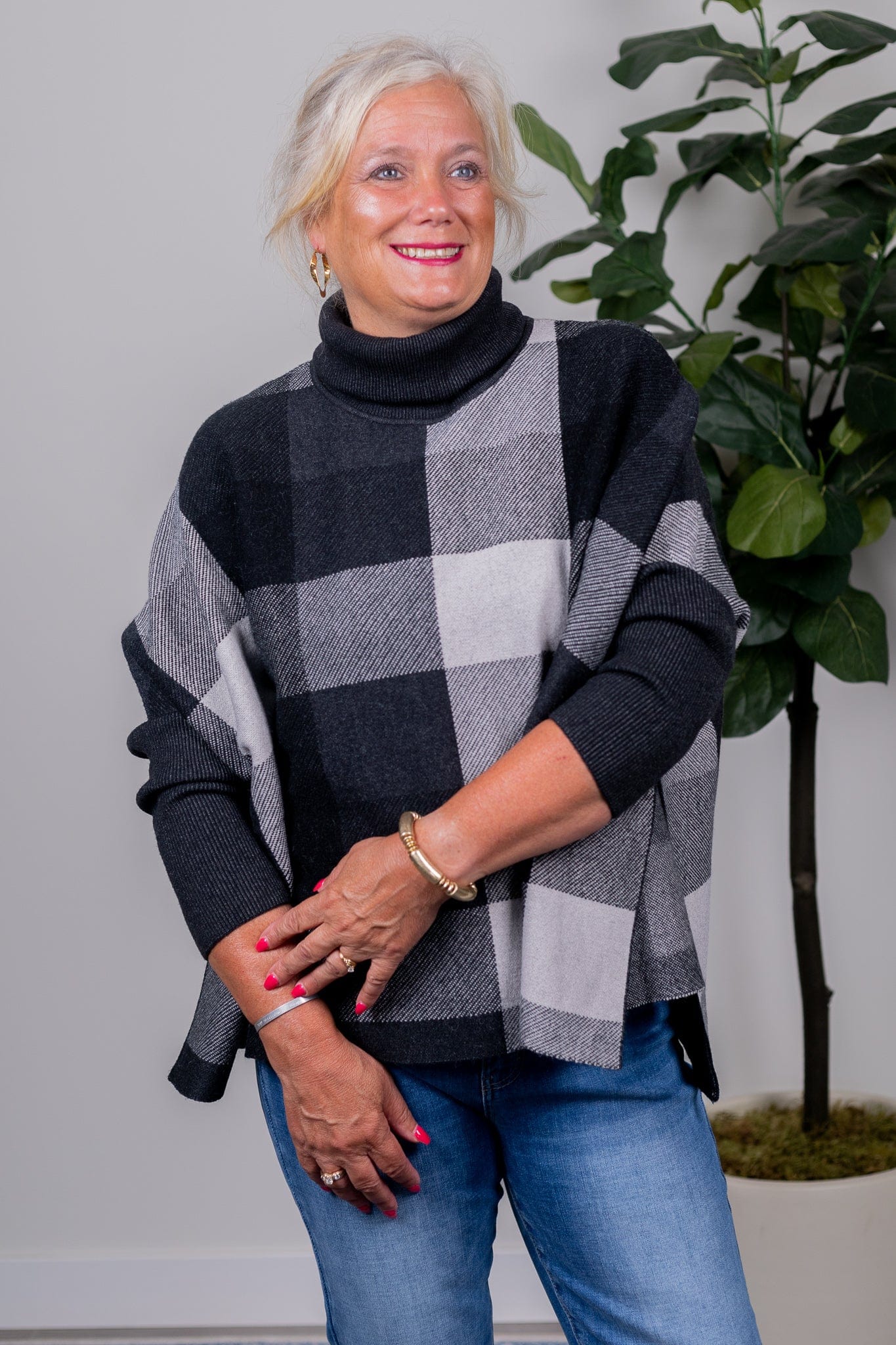 Grey Plaid Turtleneck Oversized Sweater
