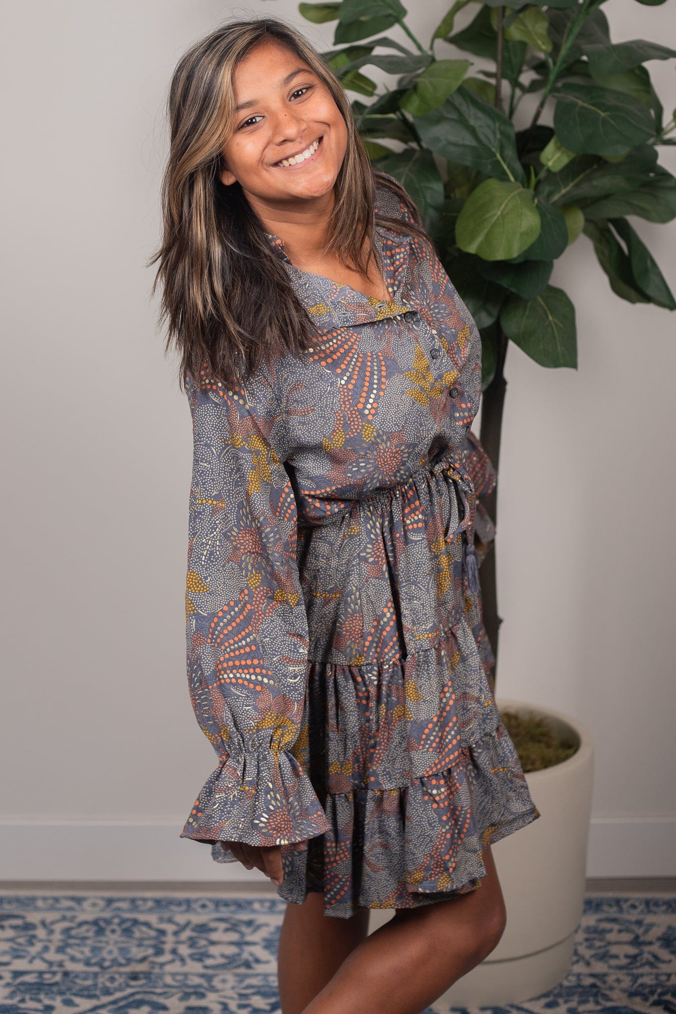 Grey Metallic Print Ruffle Hem Dress