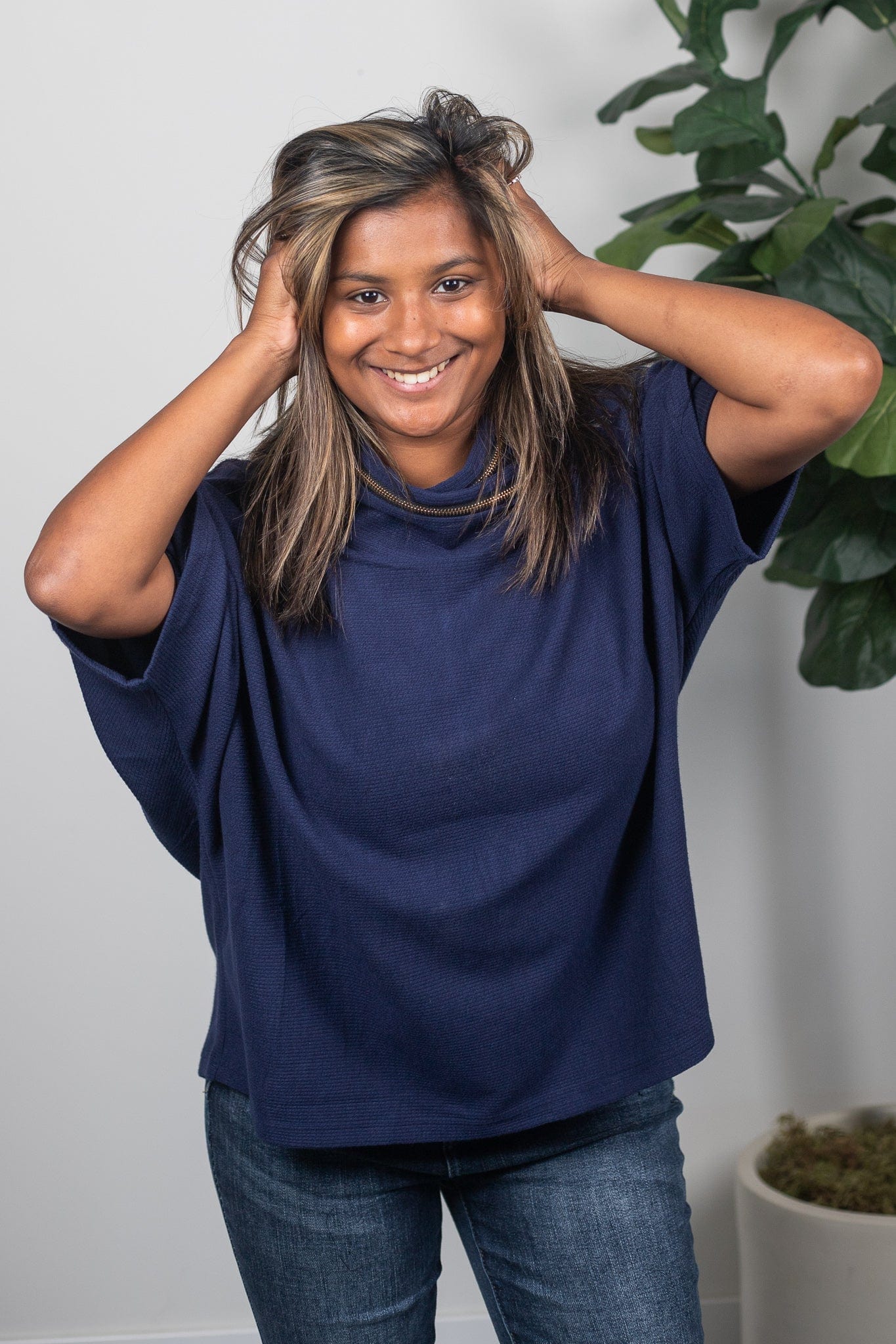 Navy Zipper Cowl Top