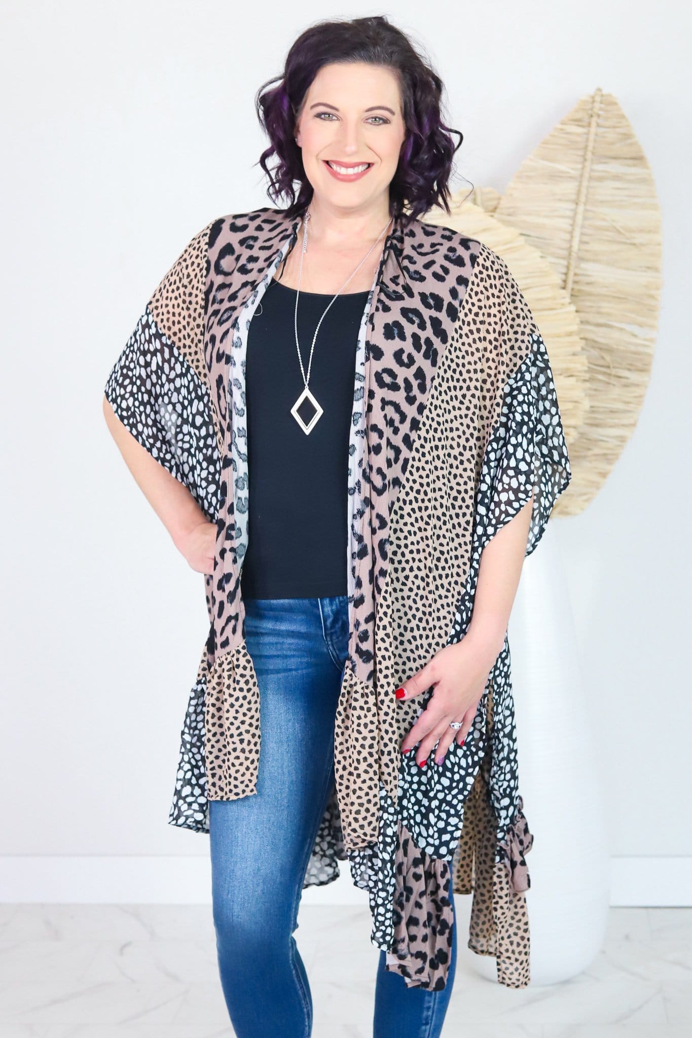 Animal Mixed Print Kimono Ruffle Mocha Mix