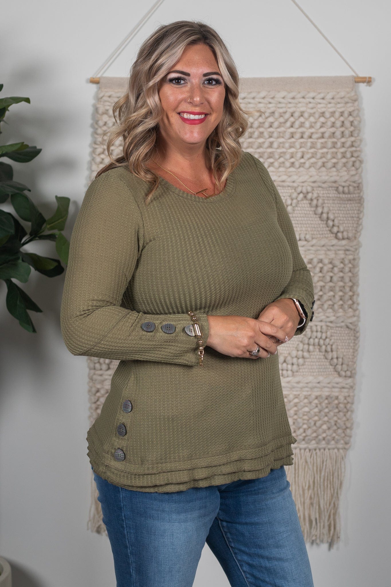 Khaki Button Waffle Tunic Top
