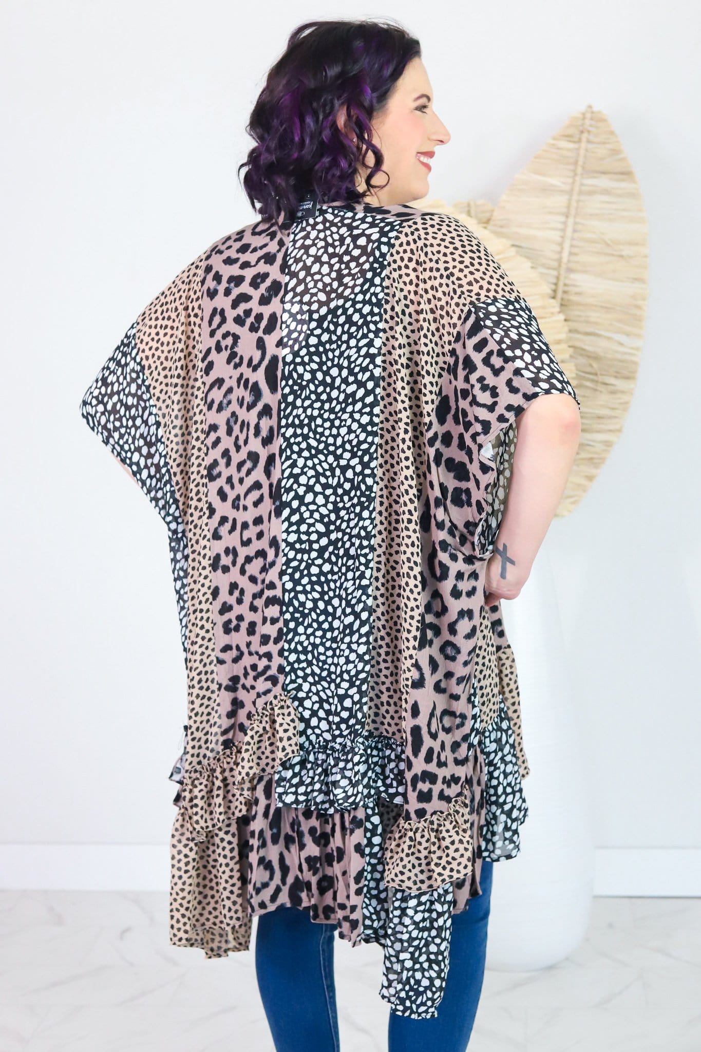 Animal Mixed Print Kimono Ruffle Mocha Mix