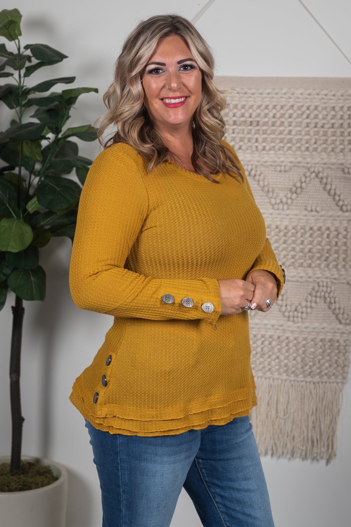 Mustard Button Waffle Tunic Top