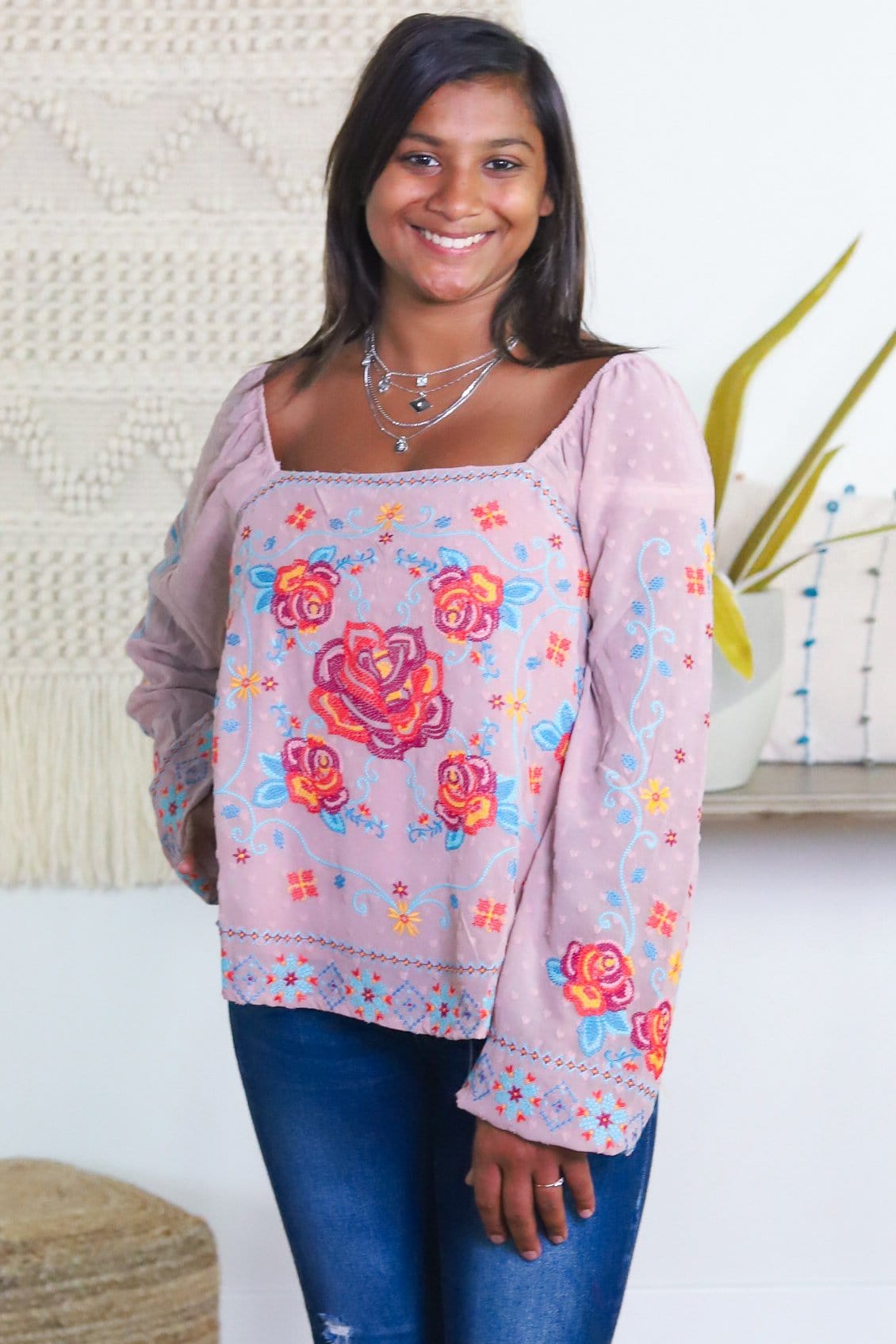 Square Neck Embroidered Blouse