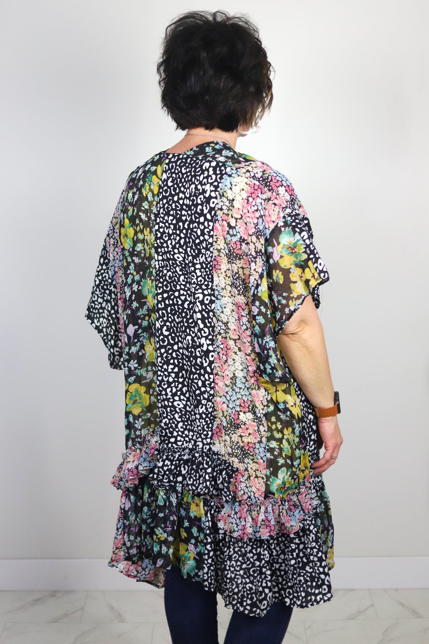 Patchwork Print Ruffle Kimono