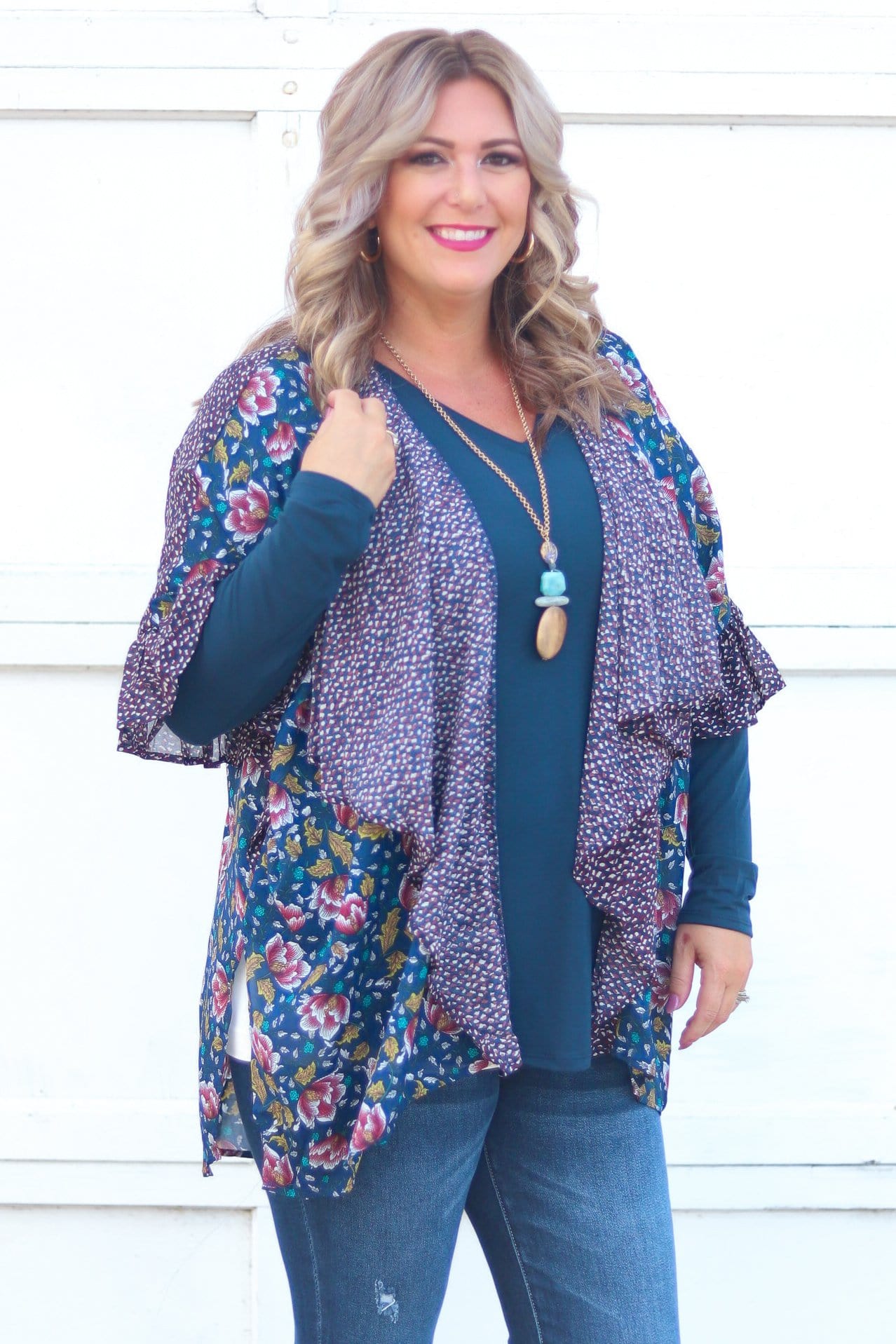 Floral and Animal Print Drape Kimono Navy Mix