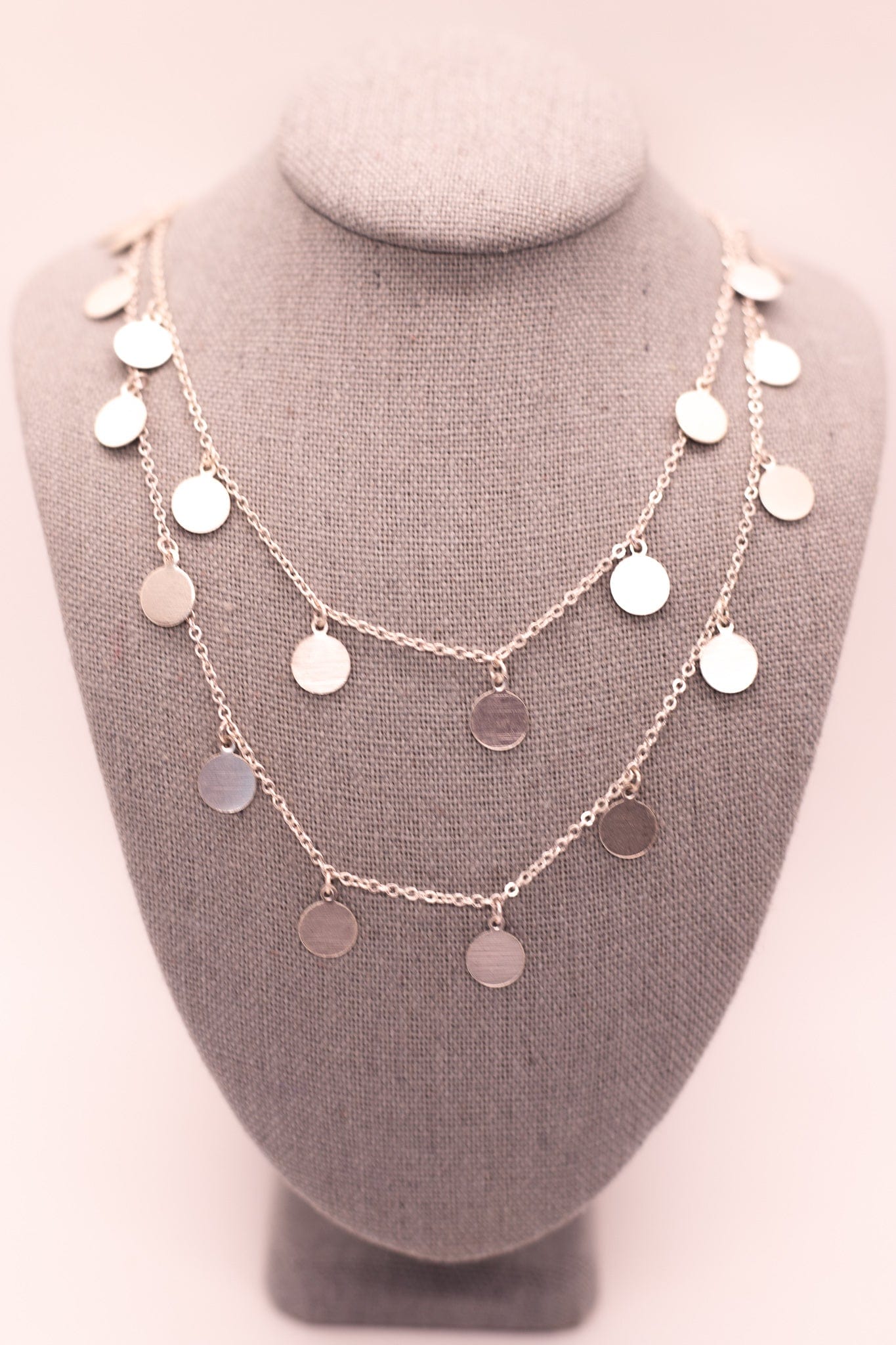 Silver Matte Disc Hang Double Layer Necklace