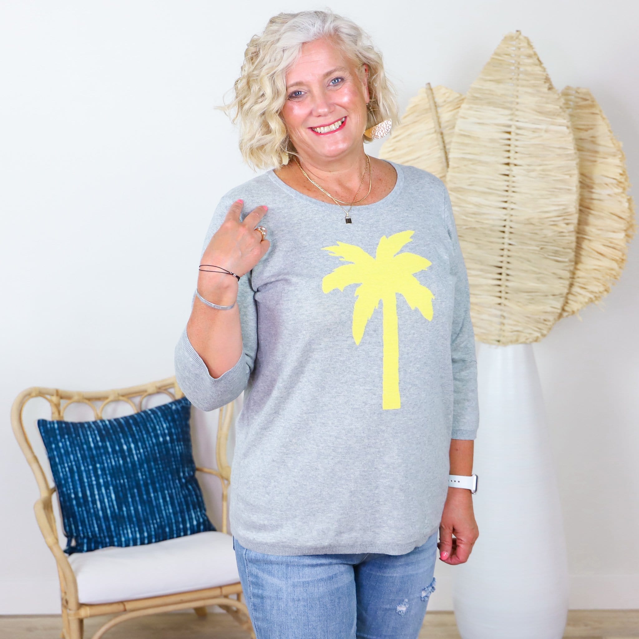 Grey Lemon Palm Reverse Sweater