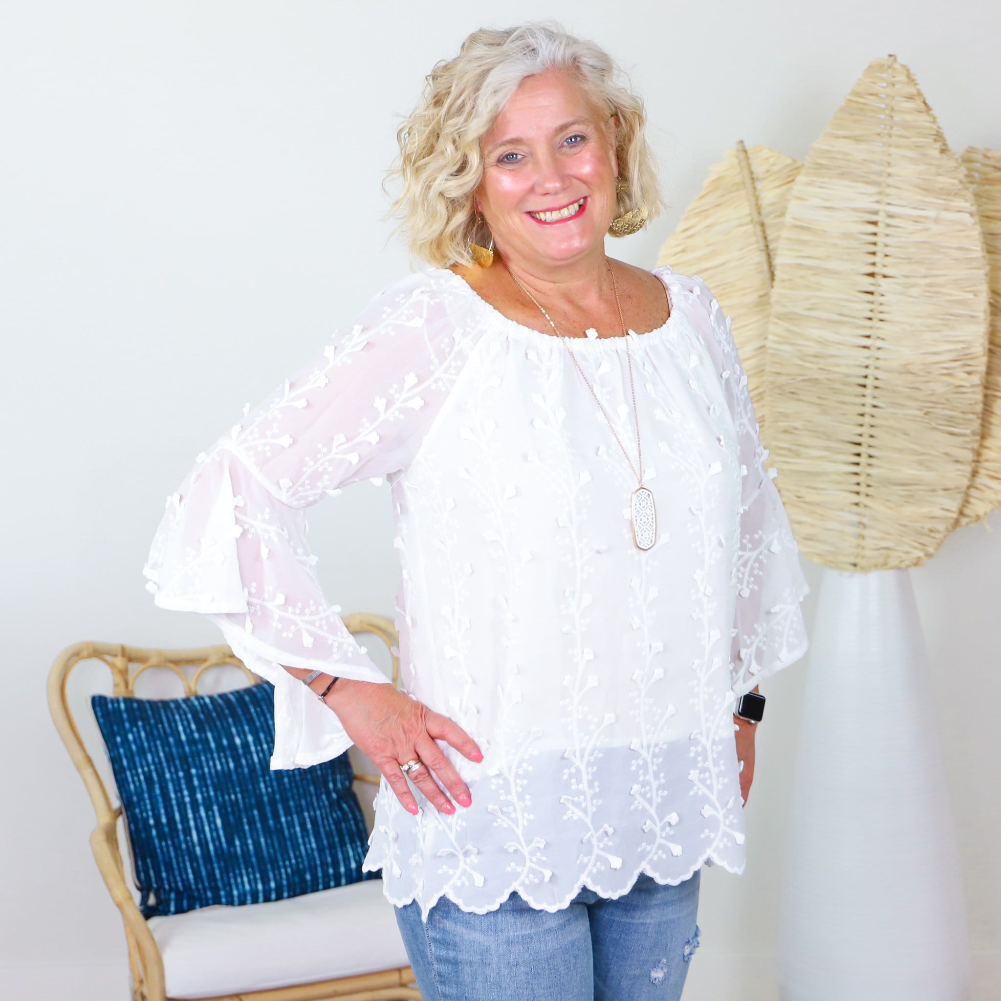 White Floral Embroidered Blouse