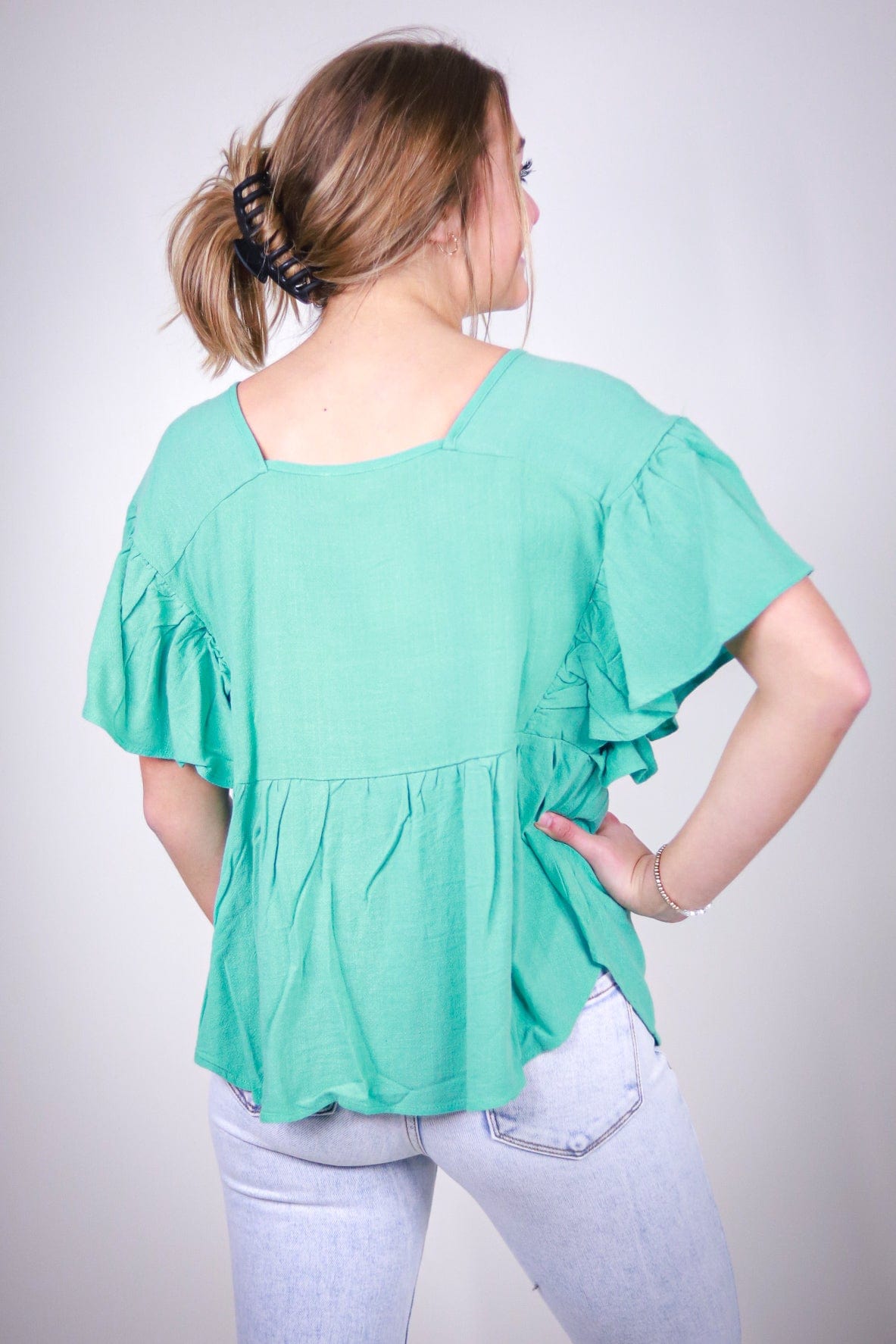 Aqua Teal Square Neck Babydoll Top
