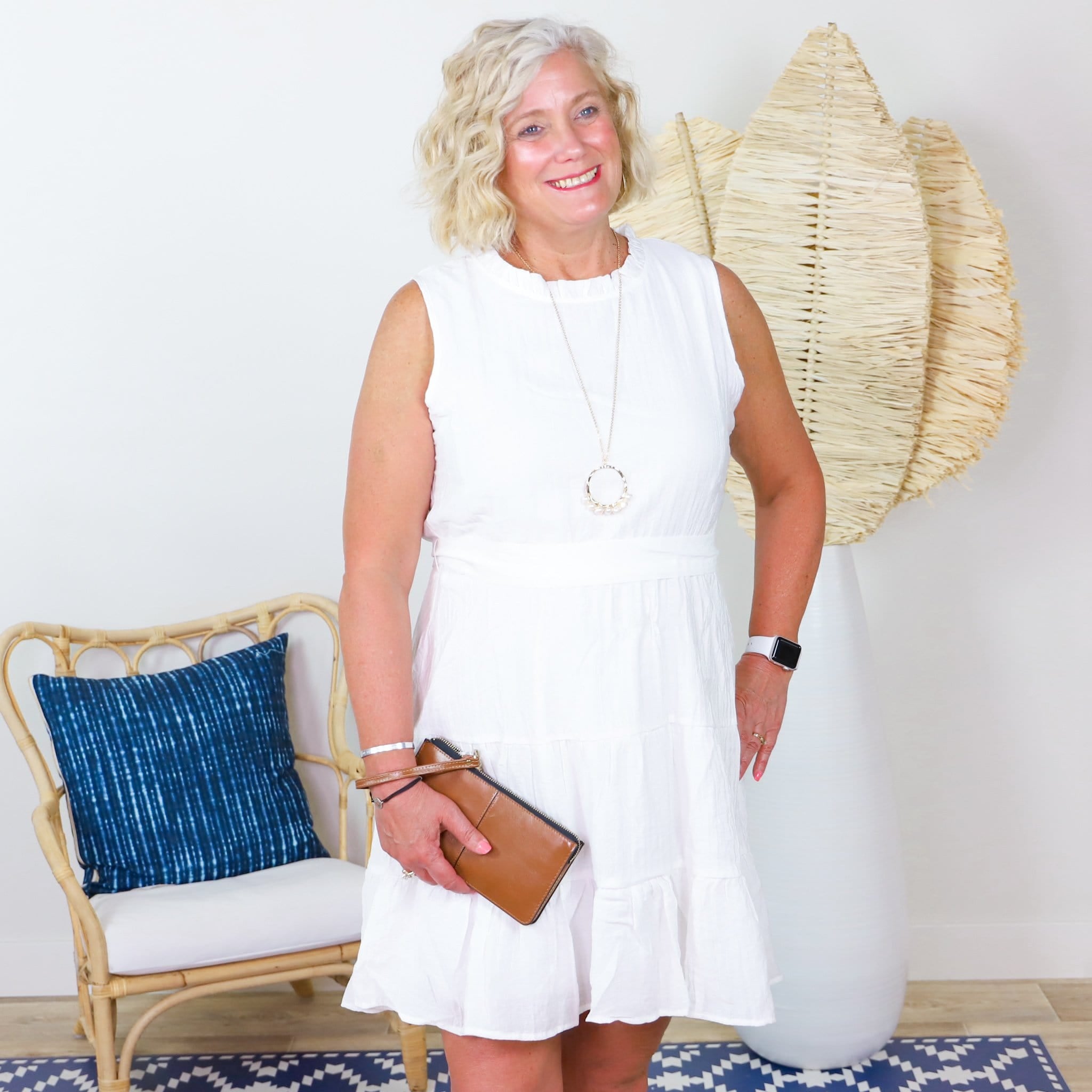 White High Neck Tiered Dress with Belt
