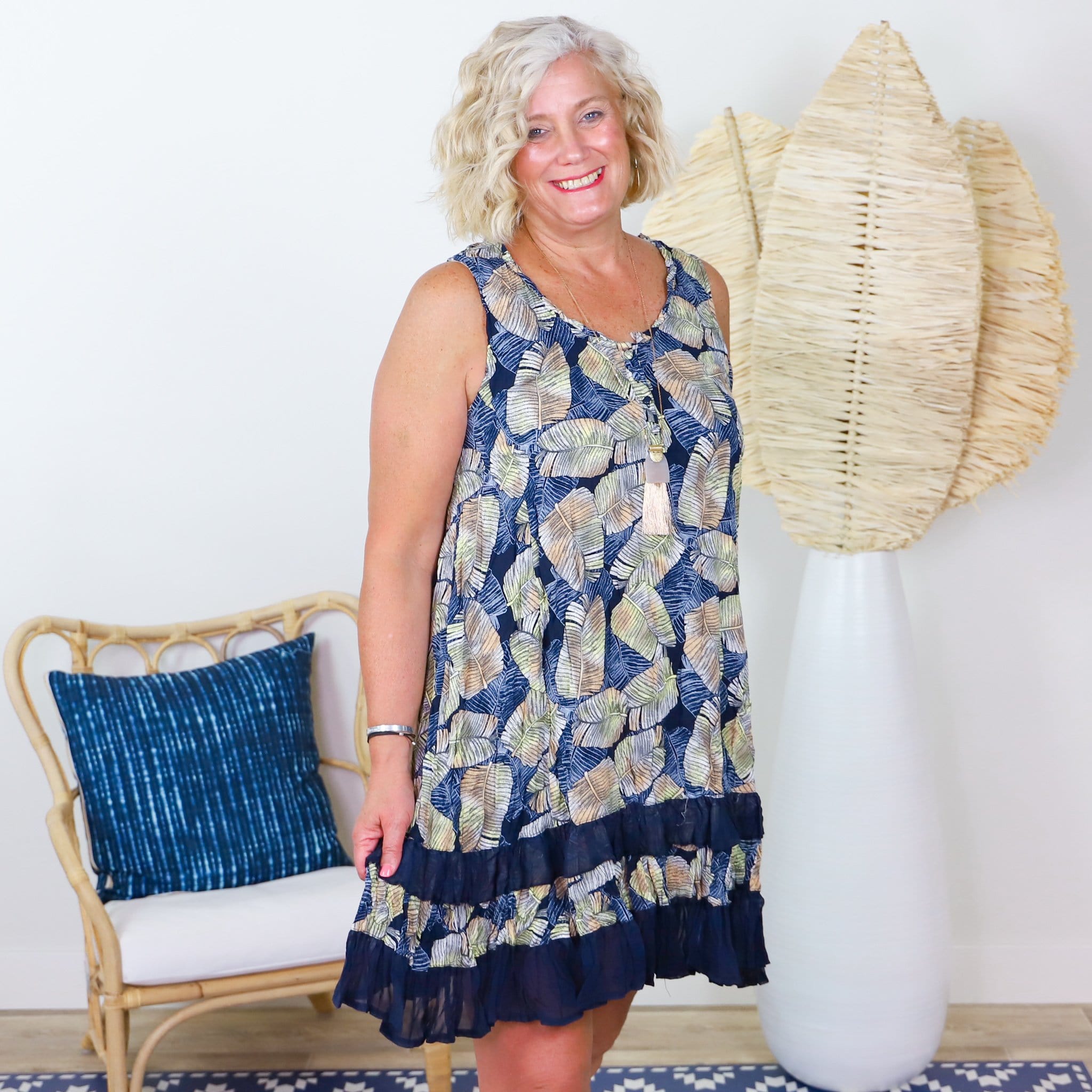 Navy Leaf Print Ruffle Hem Dress