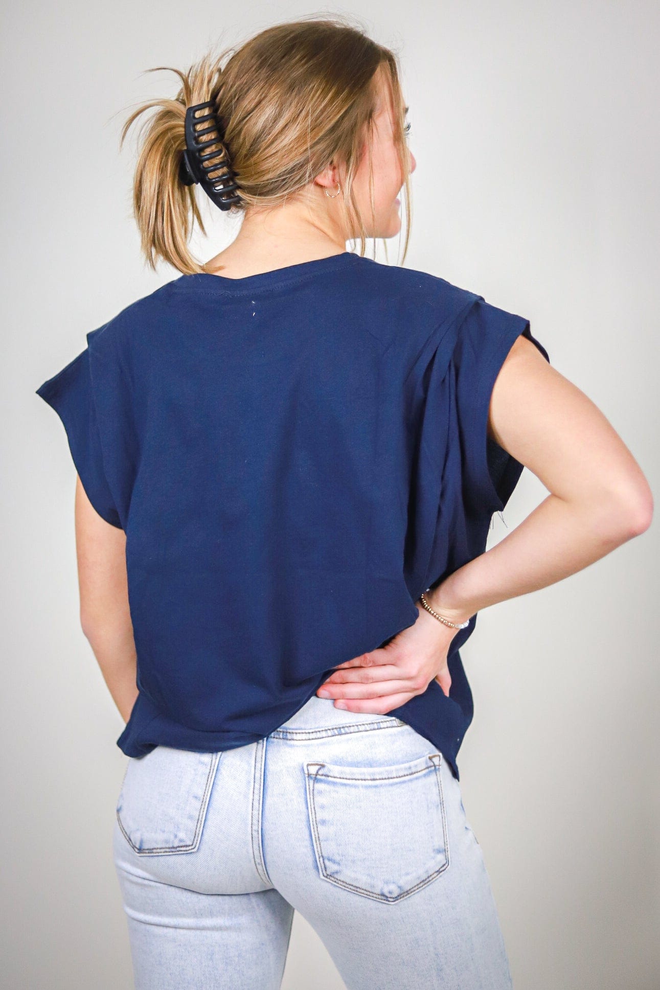 Navy Pleated Shoulder Round Neck Top