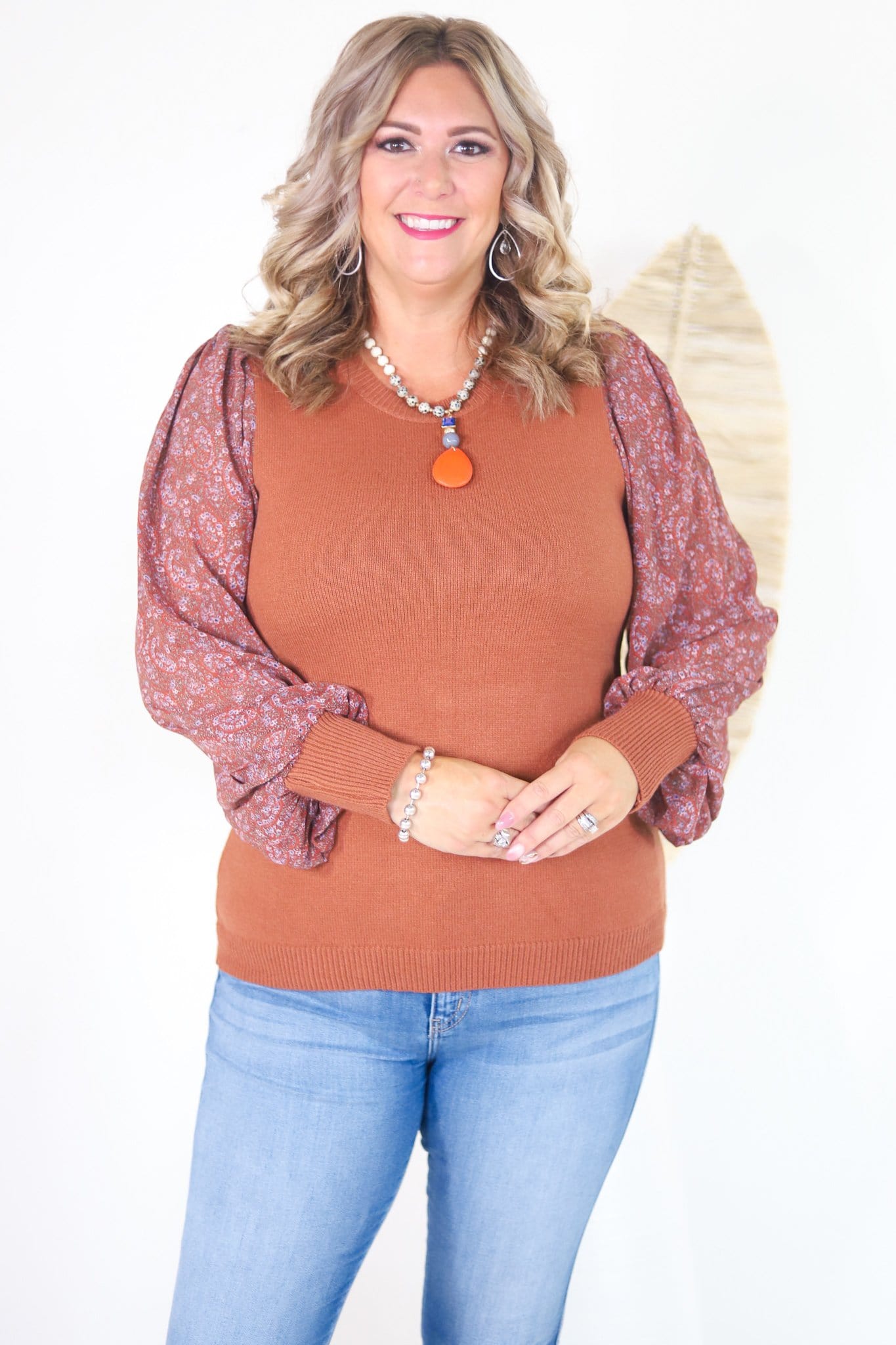Floral Sleeve Rust Sweater