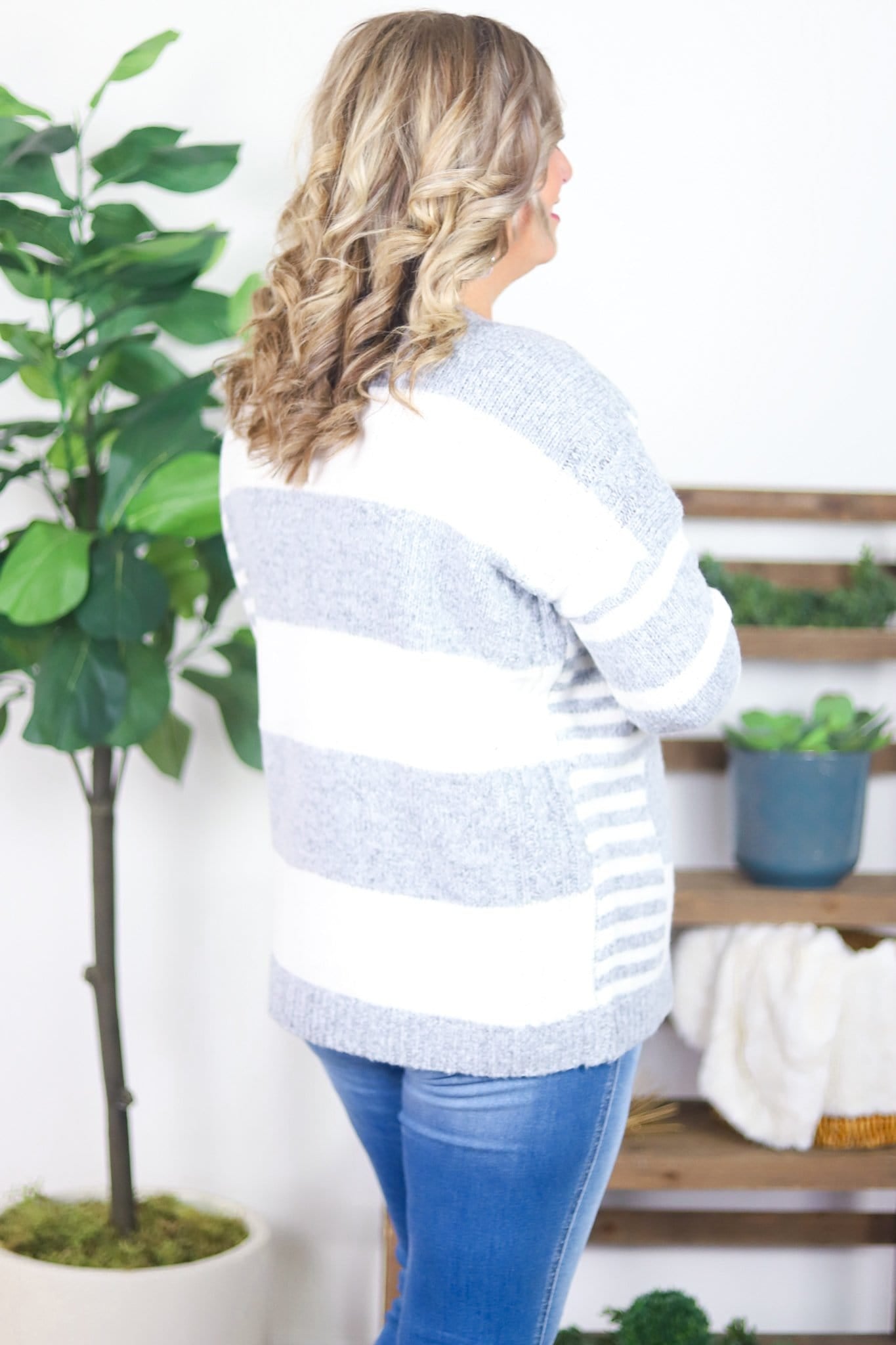 Grey & Ivory Stripe Crew Neck Sweater
