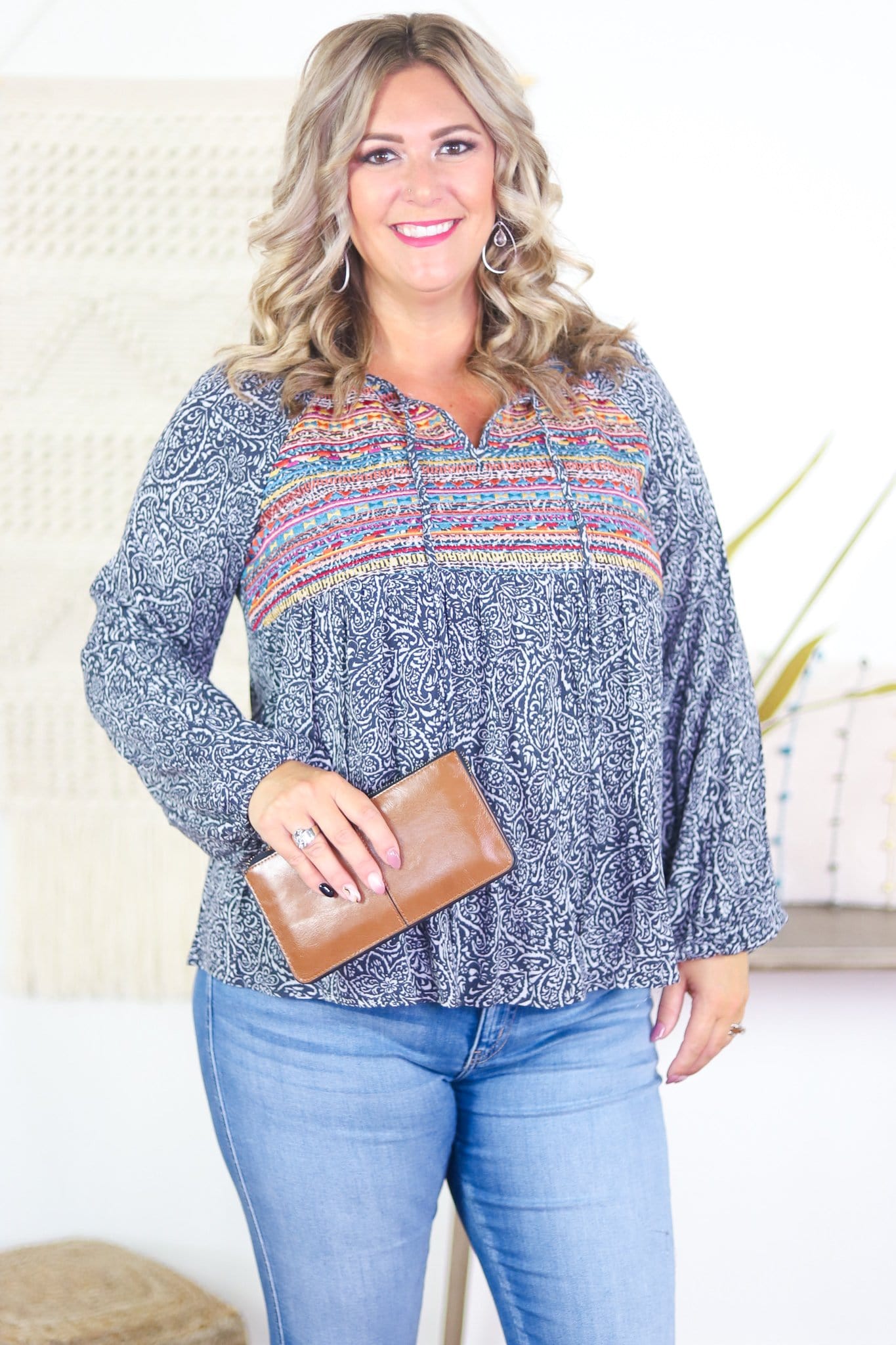 Black Paisley Geo Embroidered Tassel Top