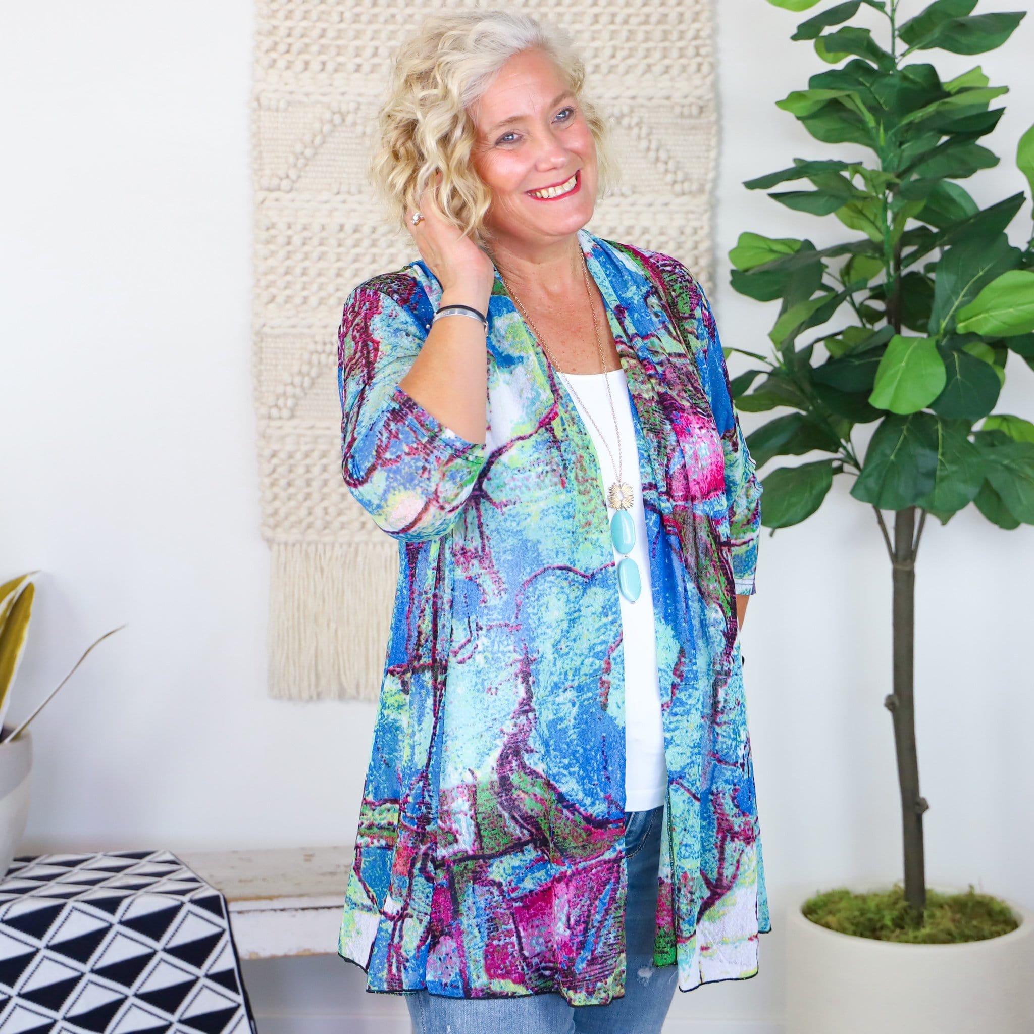 Blue Green Watercolor Mesh Cardigan