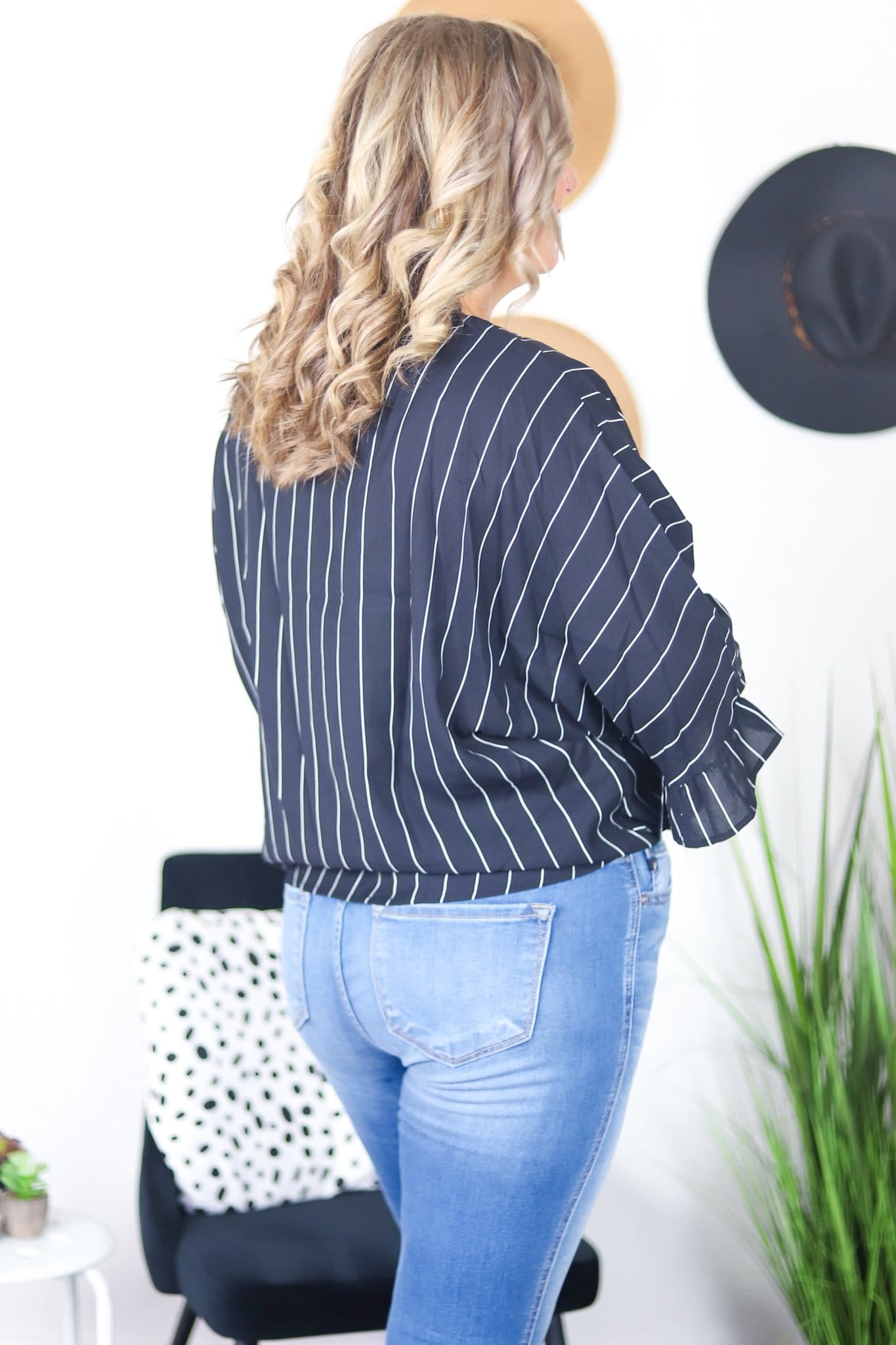 Striped Cross Front Bell Sleeve Top
