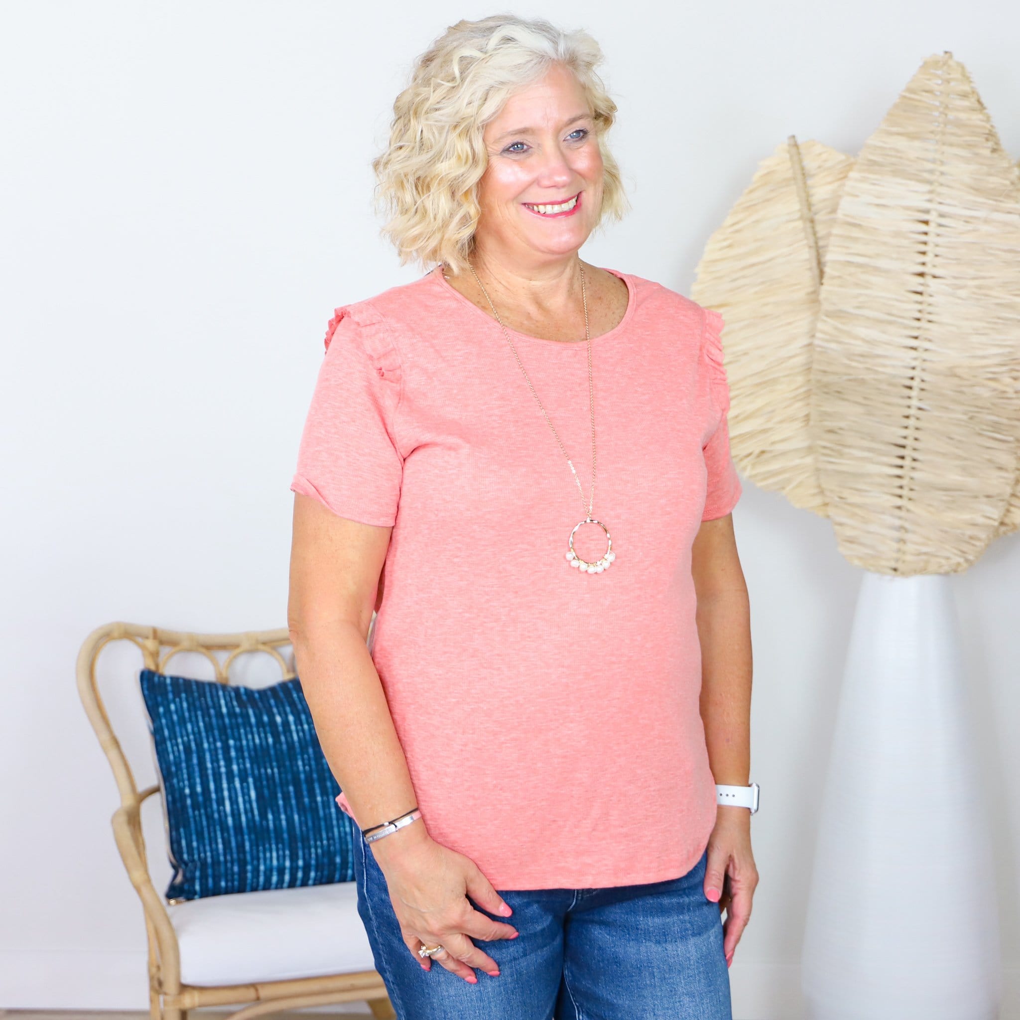 pink baby ribbed ruffle short sleeve top