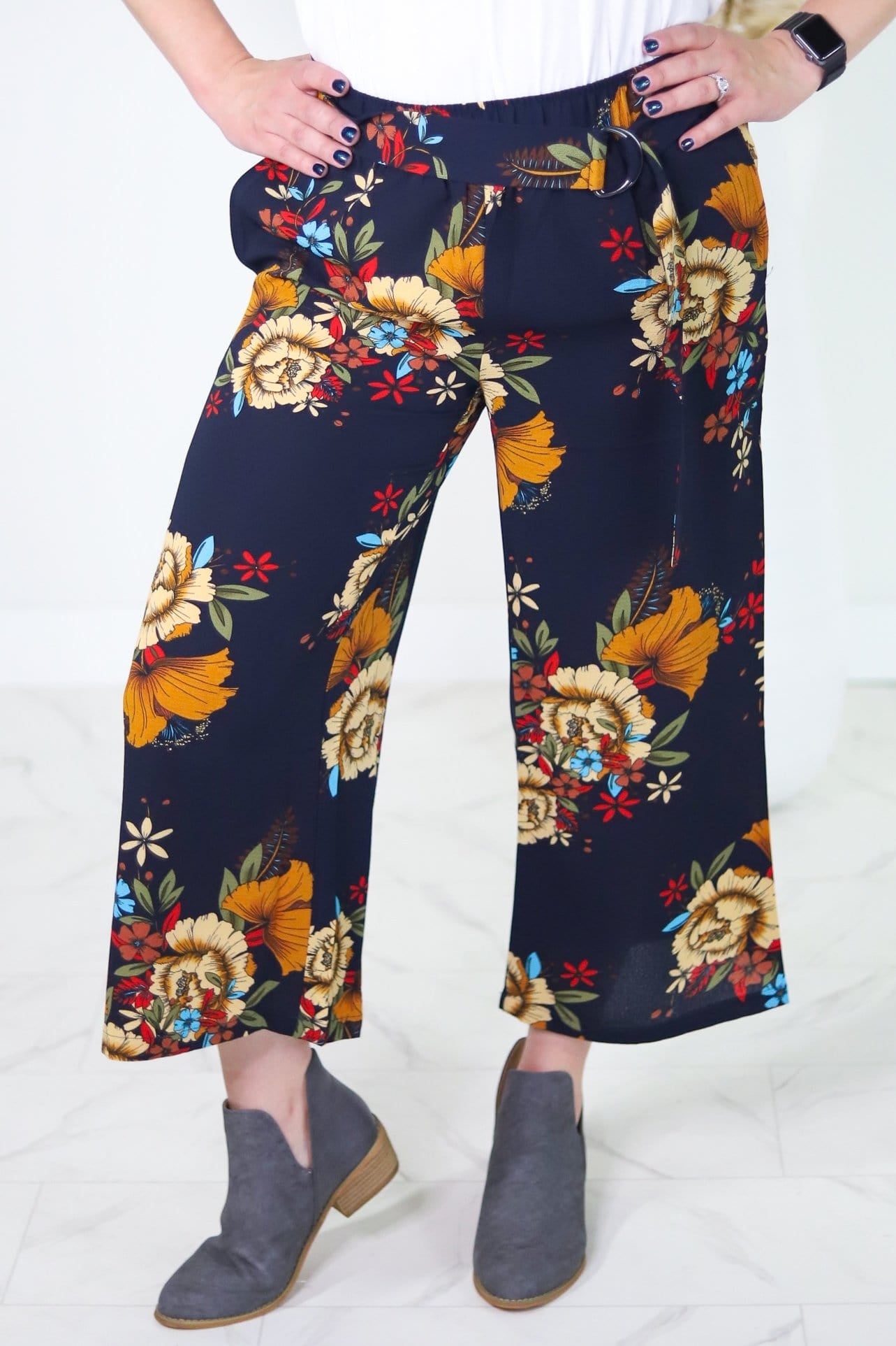 Navy Floral Wide Leg Pant