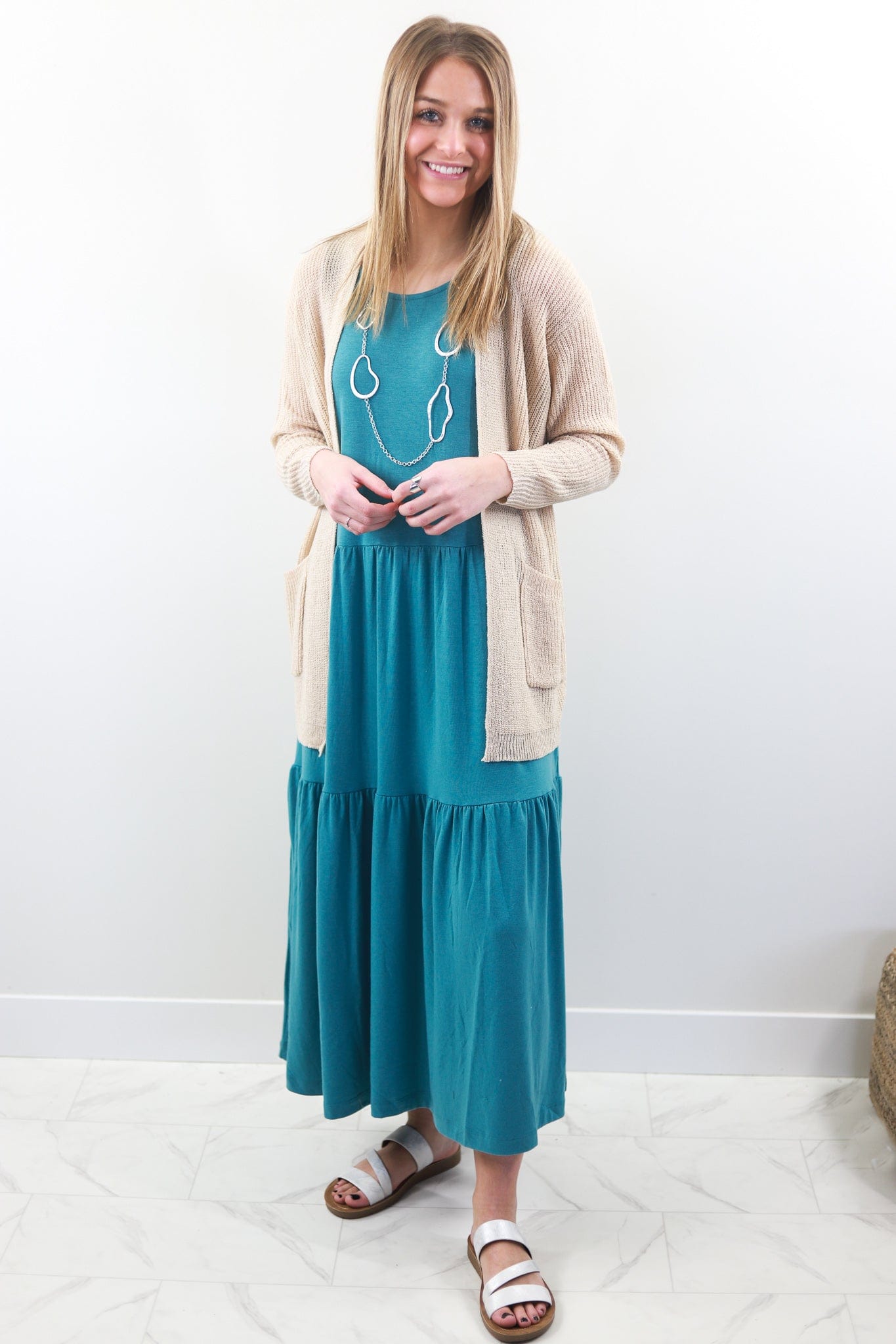 Dusty Teal Tiered Knit Midi Dress