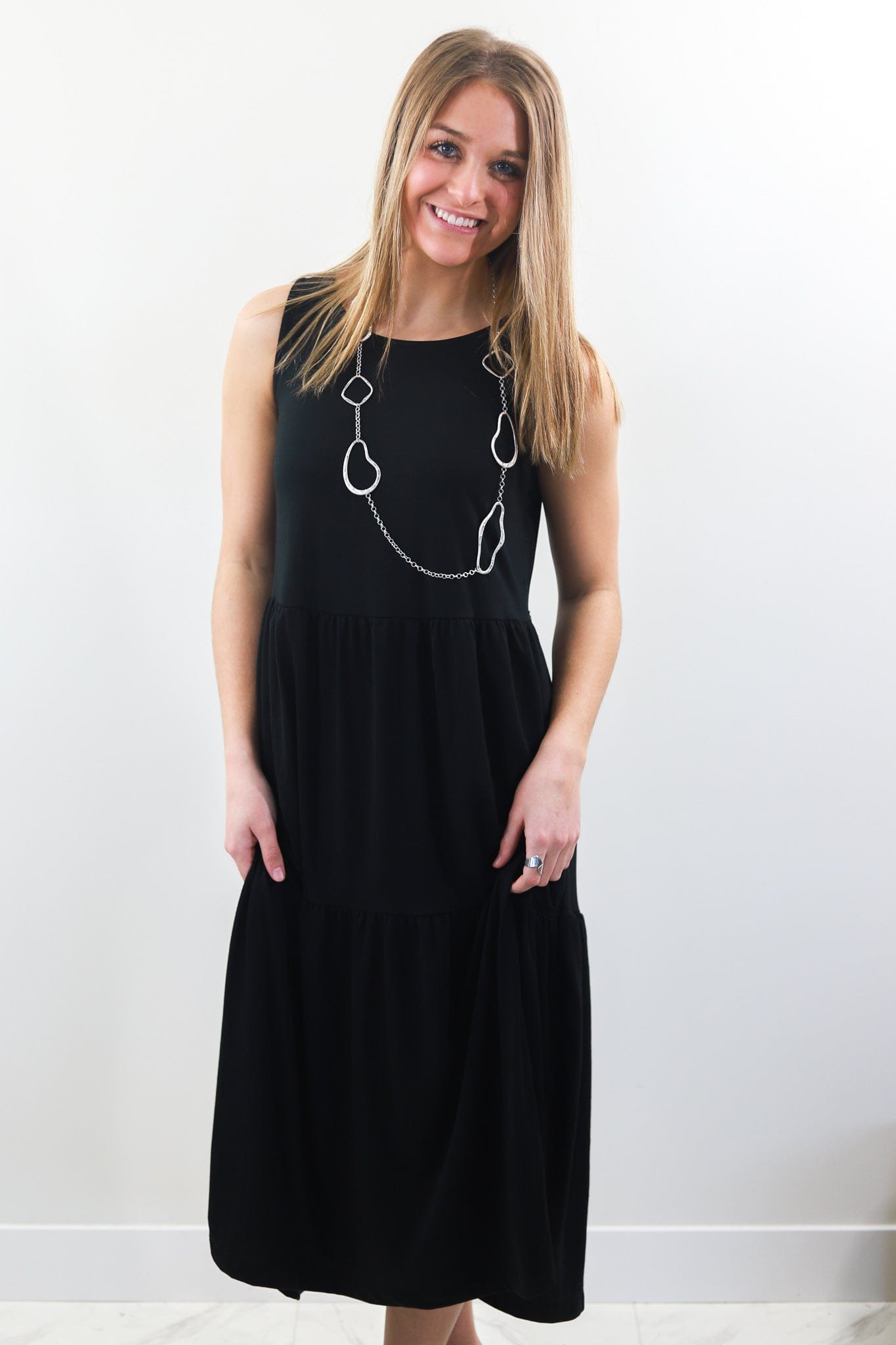 Black Tiered Knit Midi Dress