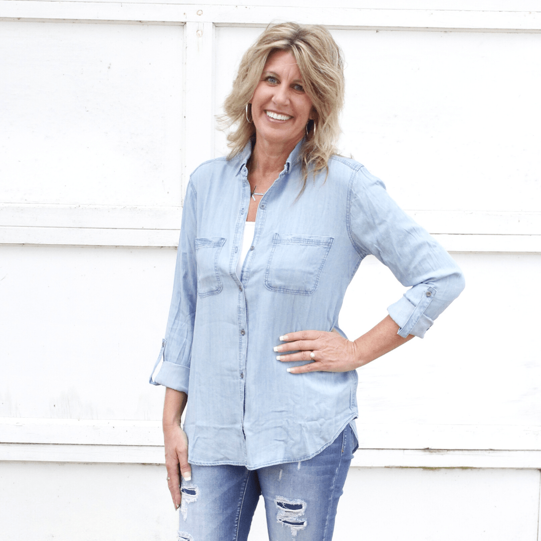 Denim Rolled Sleeve Pocket Top