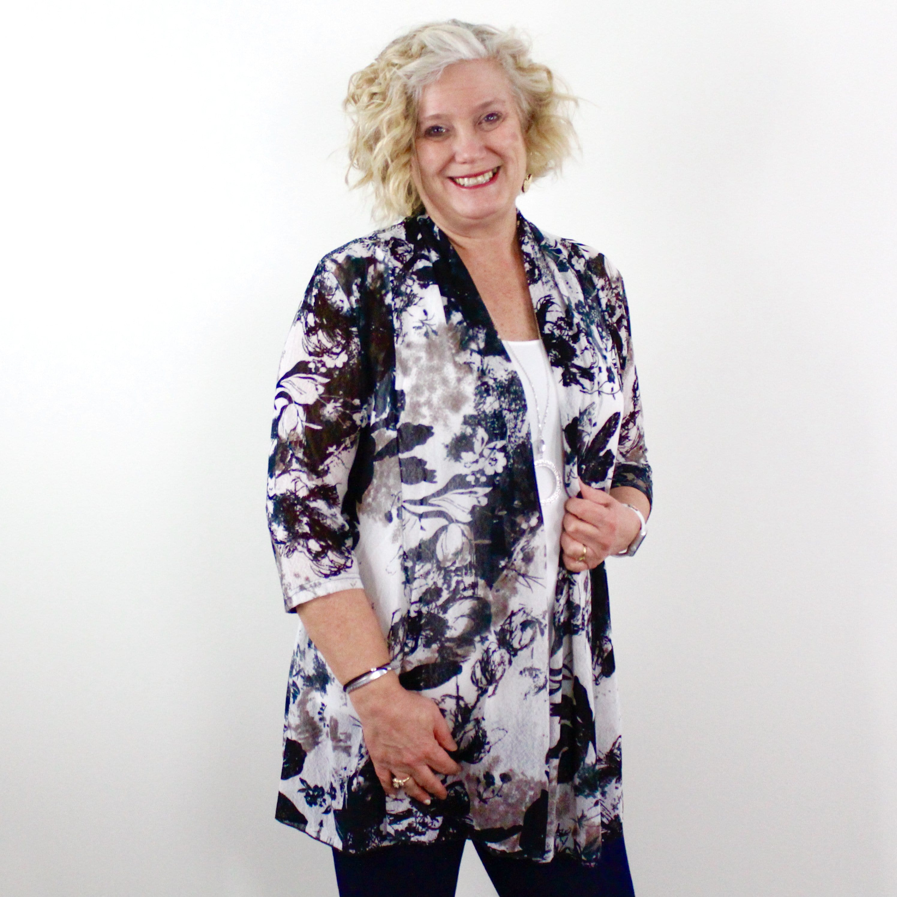 Black White Floral Print Mesh Cardigan