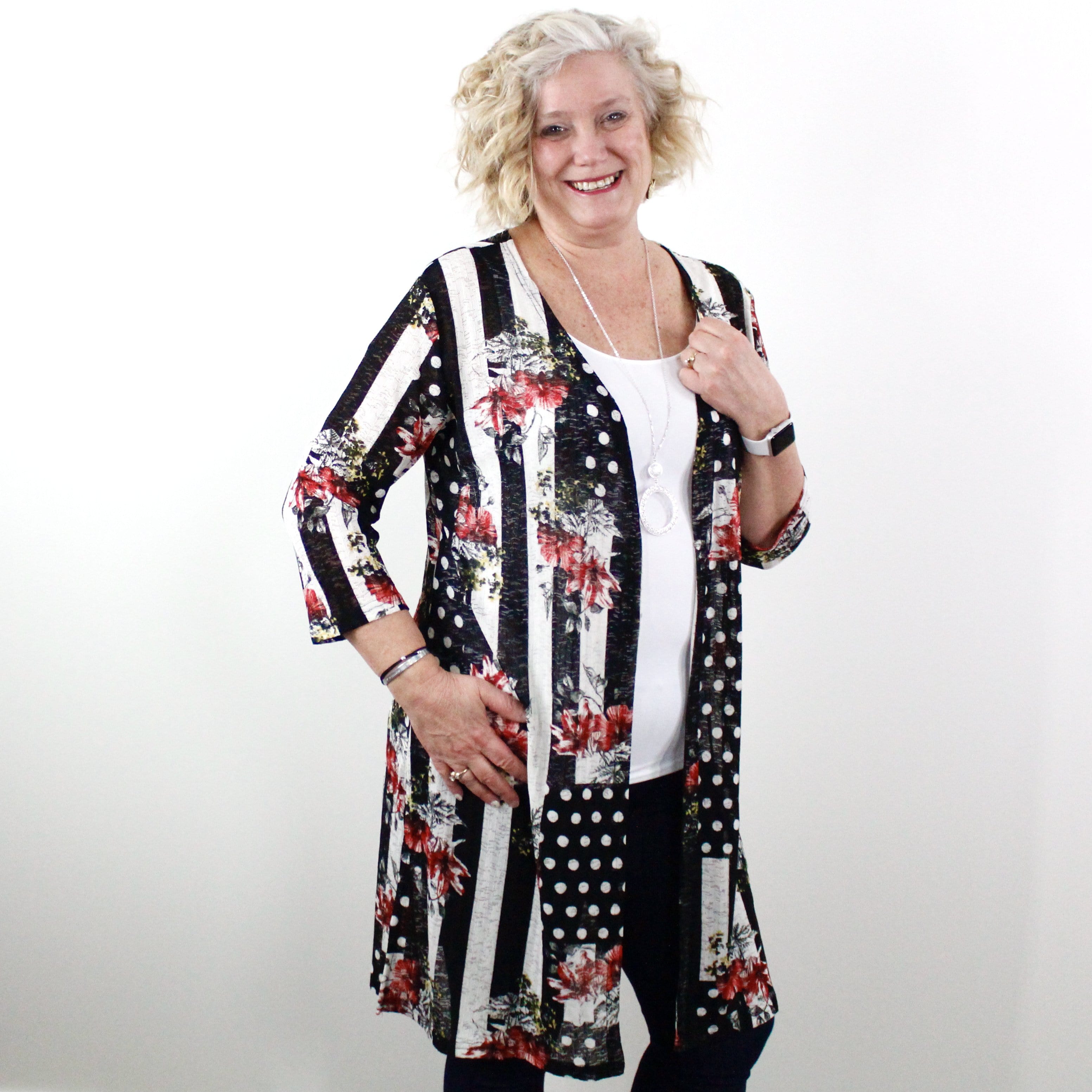 Black & White Floral Print Mesh Duster