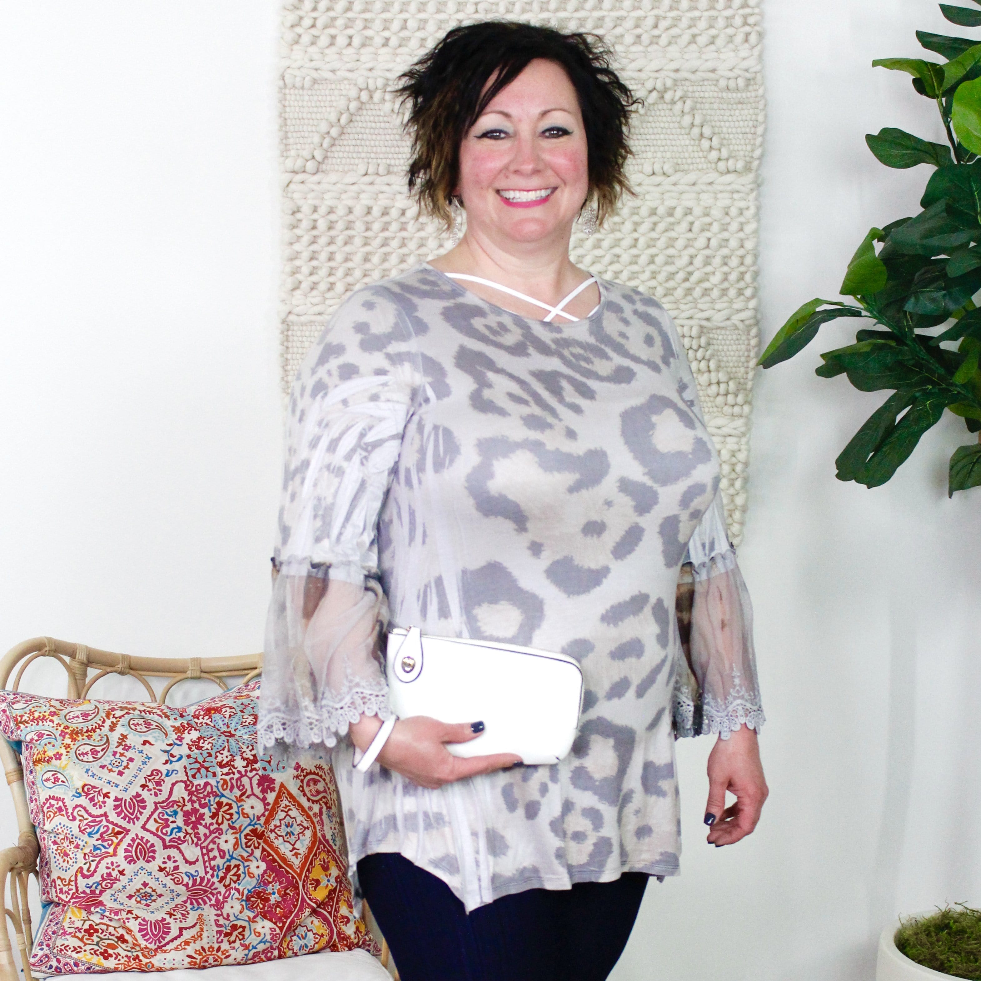 Silver Leopard Lace Detail Sleeve Top