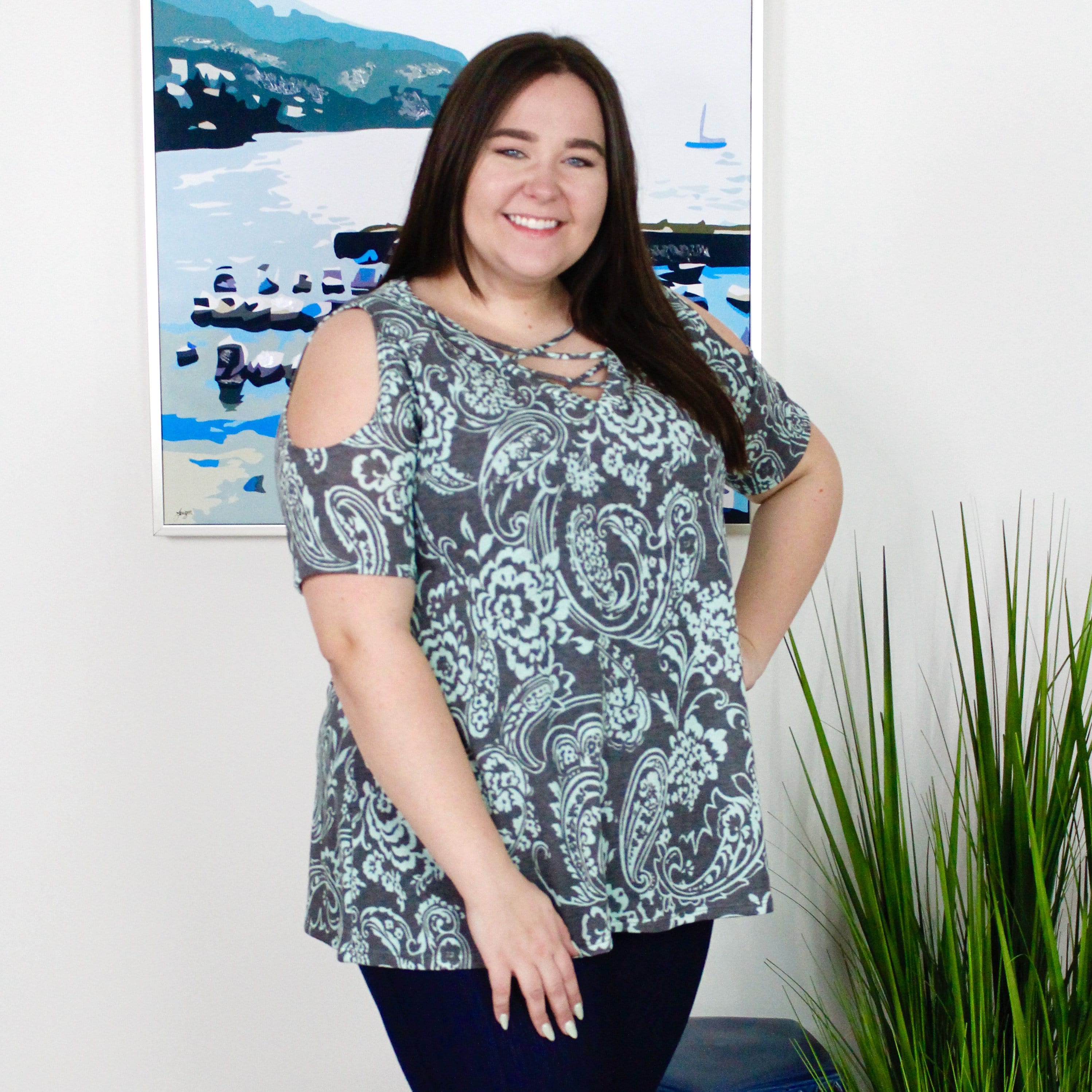 Gray & Blue Floral Top