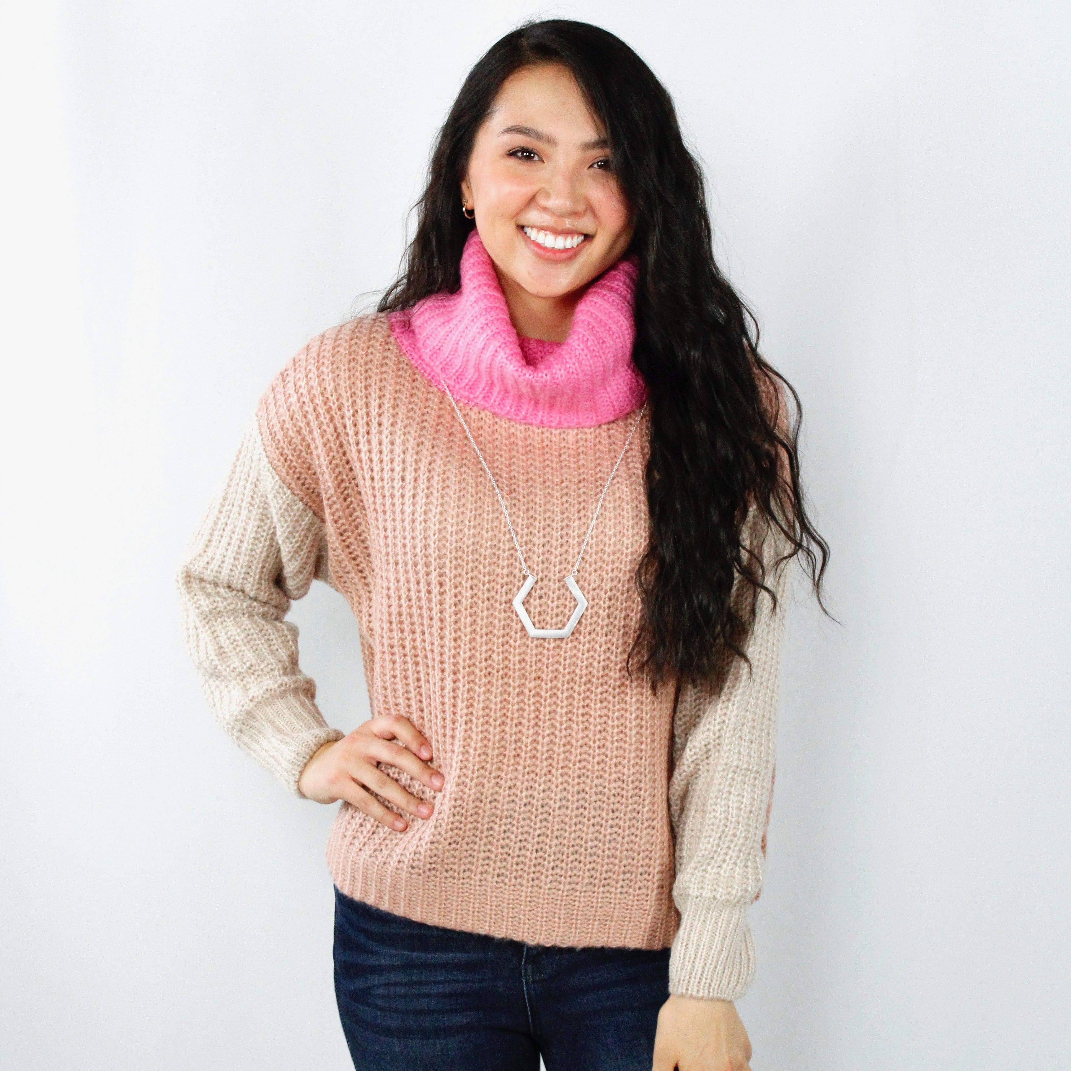 Mauve Colorblock Cowl Neck Sweater