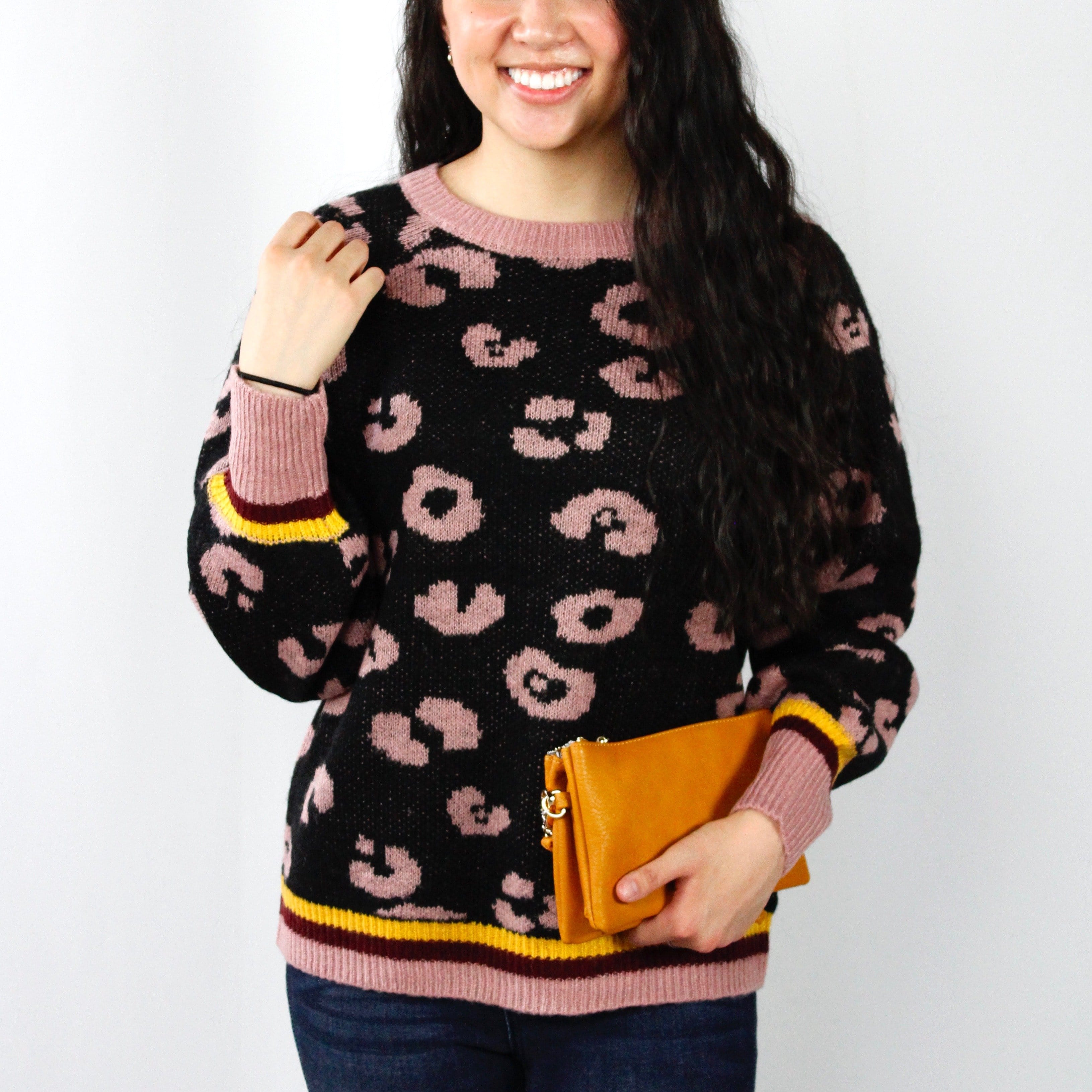 Stripe Trim Leopard Sweater