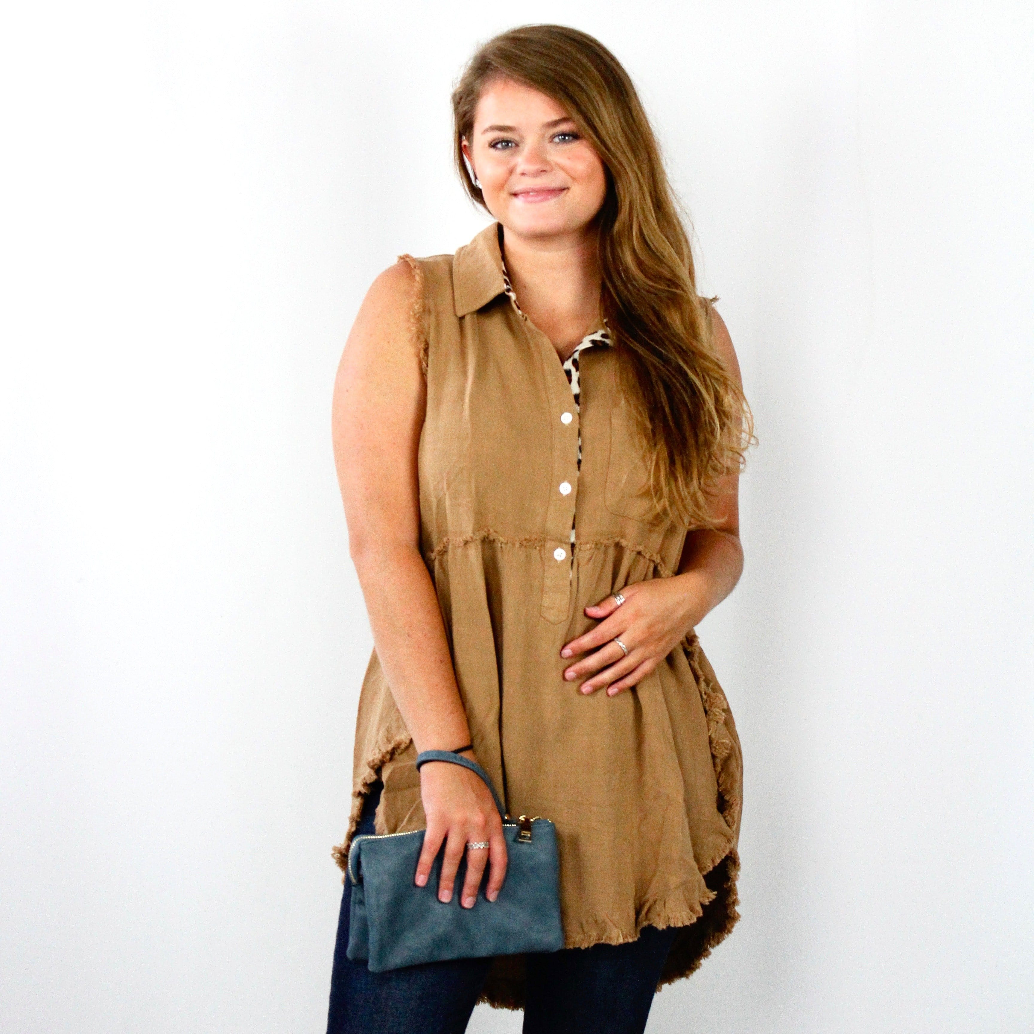 Frayed Hem Animal Button Sleeveless Tunic